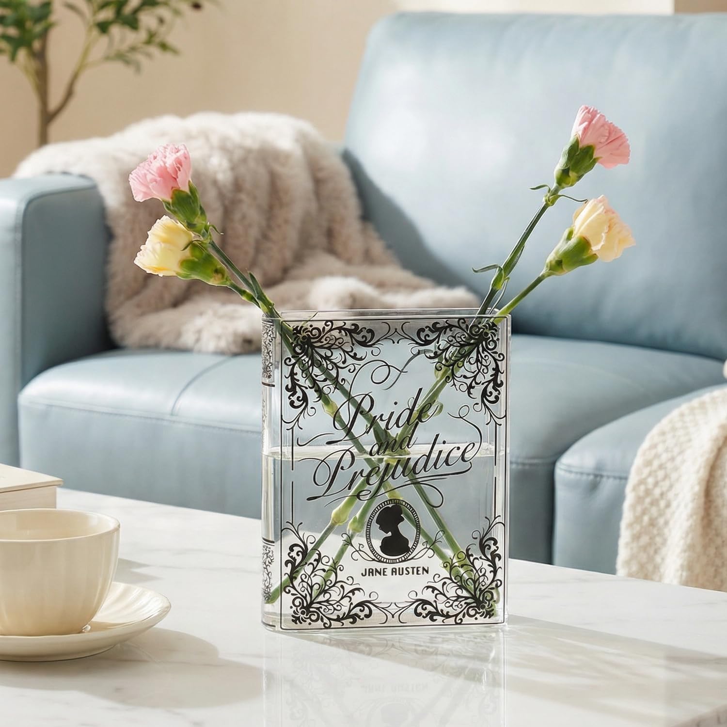 Vase en acrylique livre Orgueil et Préjugés pour décoration vintage de bureau