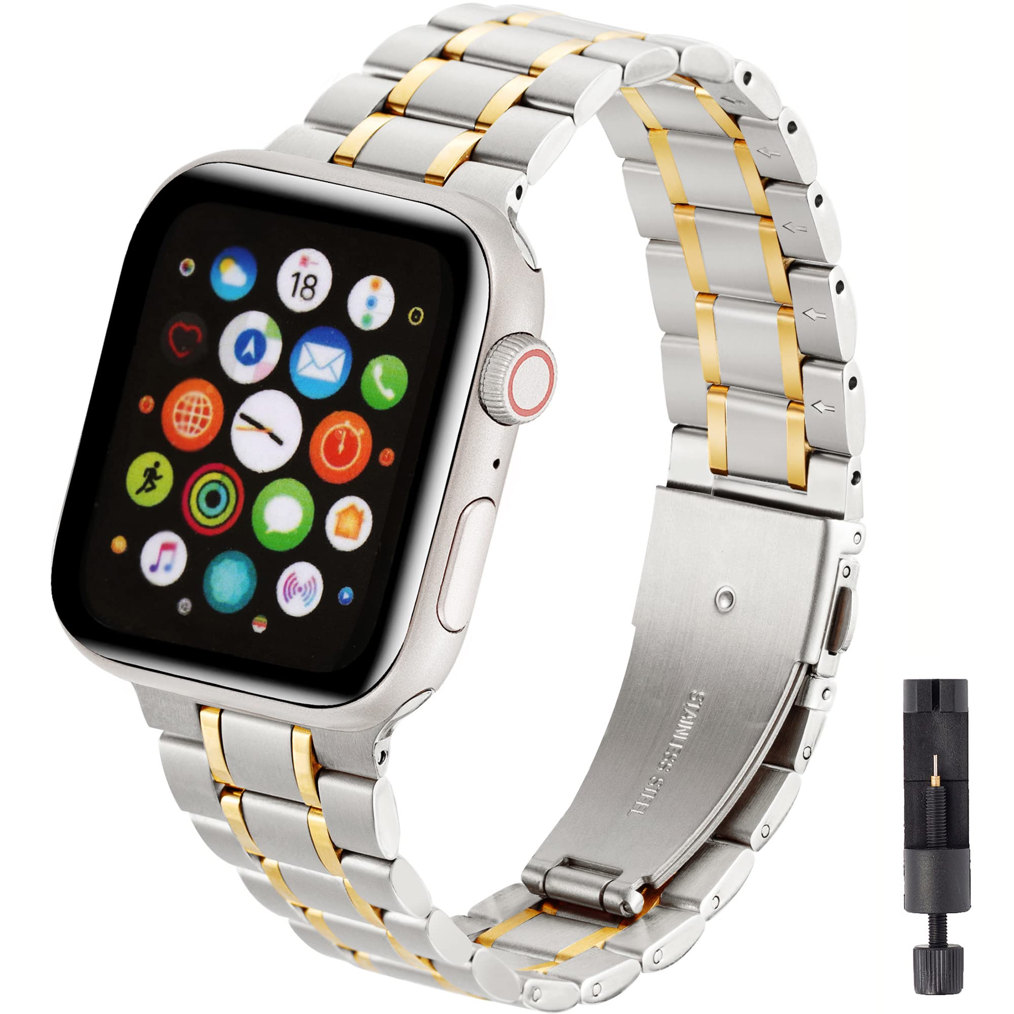 Camofit Compatible with Apple Watch Band 49mm 45mm 44mm 42mm, Metal Stainless Steel Solid Wristband Strap Compatible with iWatch Series 9 8 7 6 5 4 3 2 1 Ultra SE (42mm 44mm 45mm 49mm, Silver/Gold)