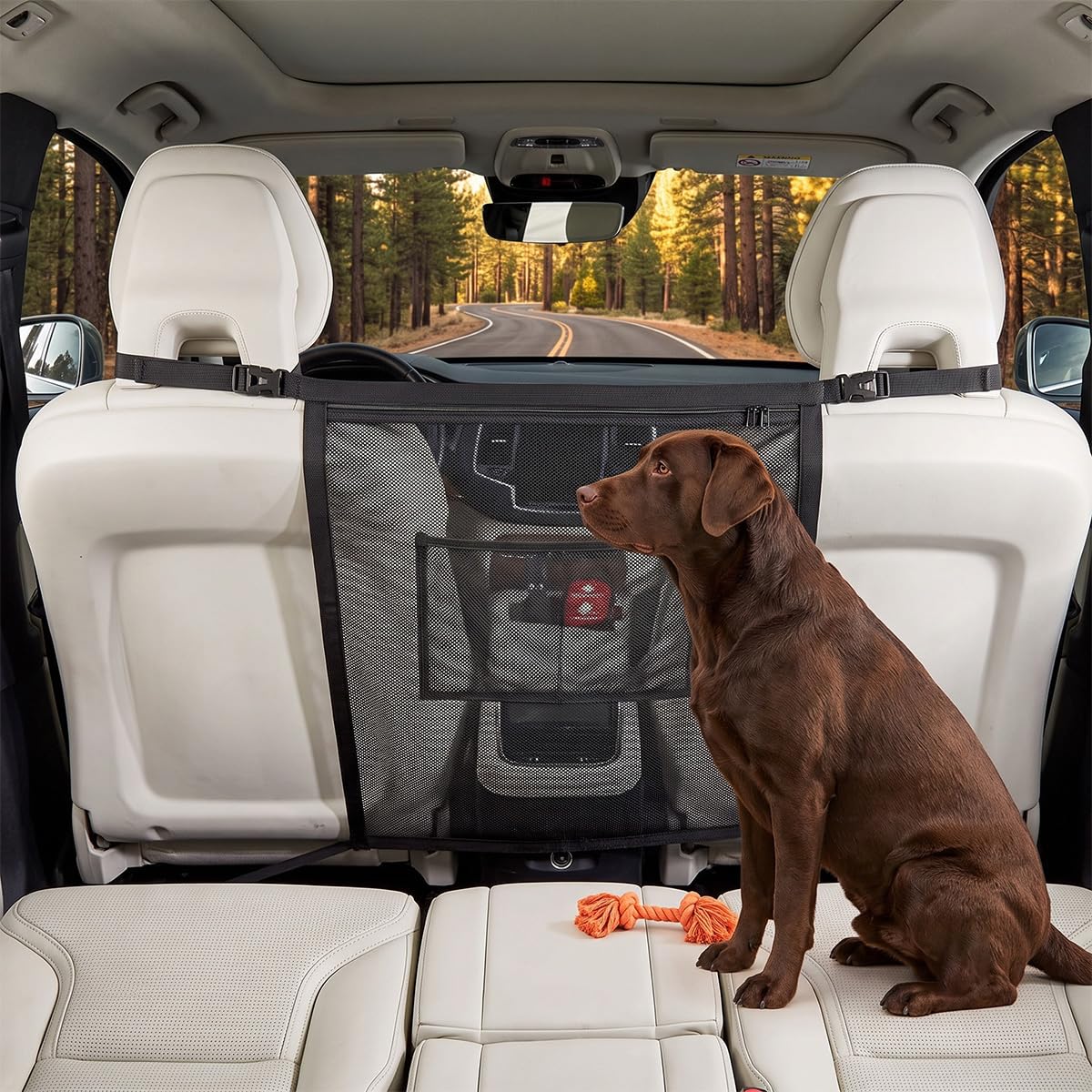 Bathgate Universal Dog Guard for Car Boot, Front Seat Pet Barrier with Zippered Pocket, Vehicle Pet Barrier for Saloons & SUVs, Seat Separation Net, Tool-Free Installation, Won't Block Vents