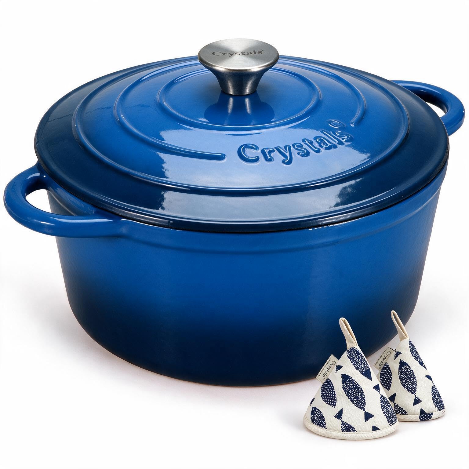 Crystals 6.6L Enamelled Cast Iron Dutch Oven with Lid – 28cm Round Casserole Dish, Non-Stick Stock Pot for Slow Cooking, Braising, Roasting, Baking Bread, Includes Cookbook & Cotton Potholders