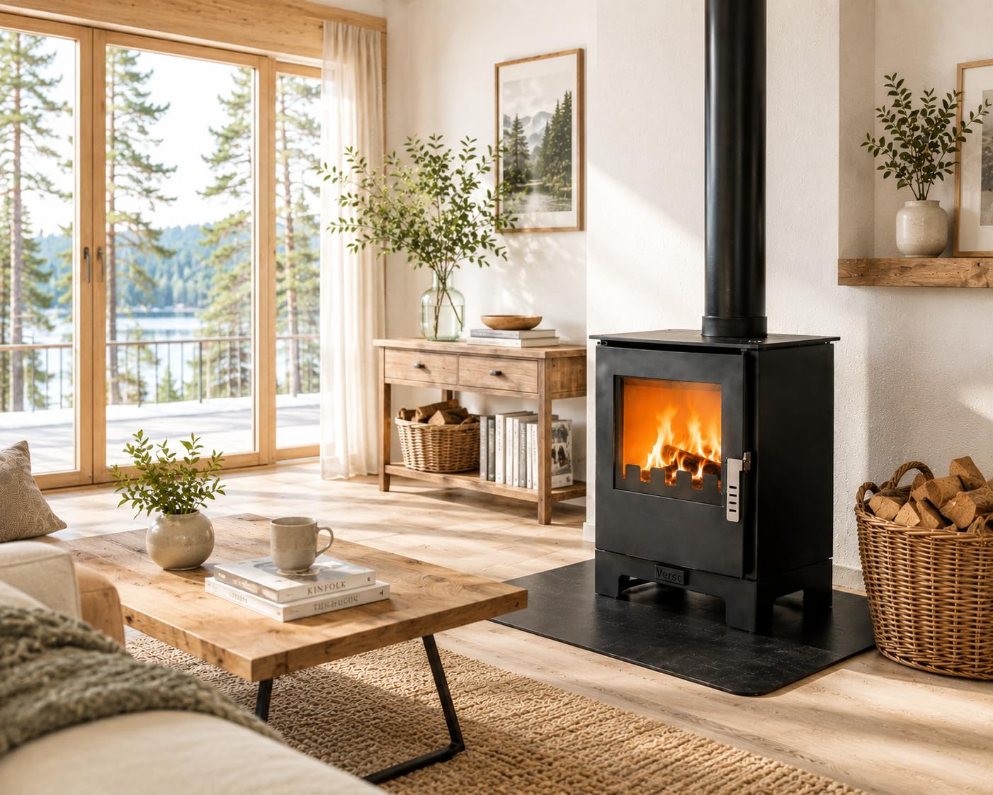 Verso stufa a legna da 3 l, 5 kW, 80,2% alta efficienza, piastra piatta compatta in acciaio (non ghisa), piccola stufa per camino da 60 a 80 m³, ecologica, a basse emissioni, scarico fumo da 150 mm