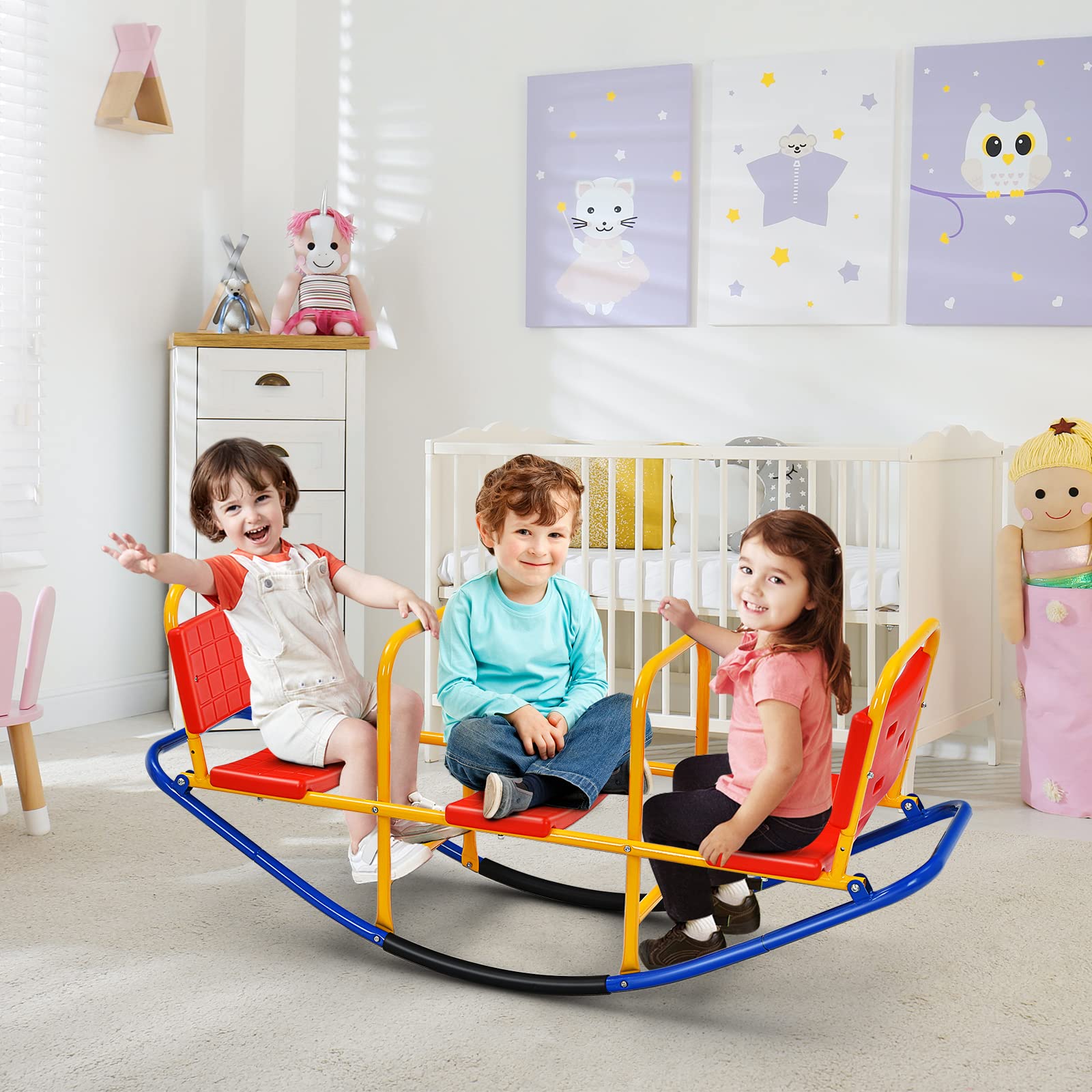 HOMASIS Altalena a Bilico per Bambini 3 Posti, Altalena a Dondolo in Metallo, Portata 90 kg, per Bambini 3-8 Anni (Rosso)