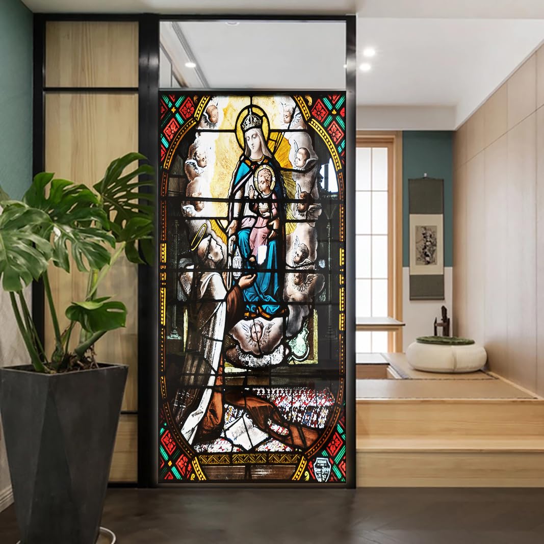 Church Style Stained Glass Window Film Decorative Privacy Non Adhesive Window Stickers for Home Office J20 90x180cm(35.4