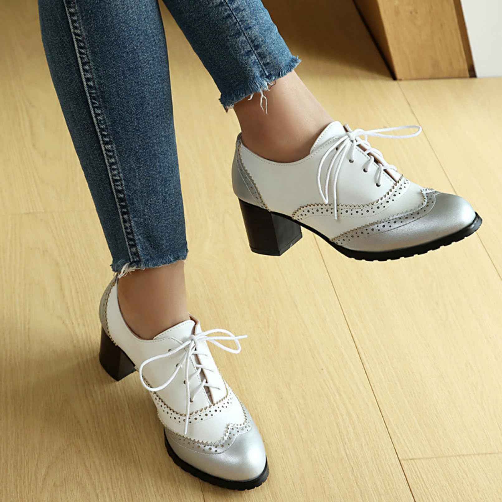 Donna Chiusa Punta Tonda Scarpe Oxford Allacciare Vintage Brogue Décolleté Tacco Grosso Formali Scarpe da Vestito