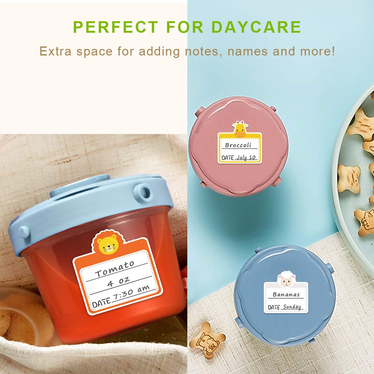 Envases de alimentos Pegatinas Daycare Etiquetas extraíbles impermeables para cocina Botella de niños 108 piezas