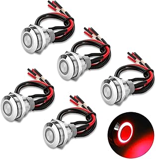 5Pcs 19mm Latching Push Button Switch, linkstyle waterproof on off Push Button Switch with Wiring Harness & Led Indicator Light Stainless Steel 24V Pre-Wired SPST Self-Locking for Boat Car Truck (Red)