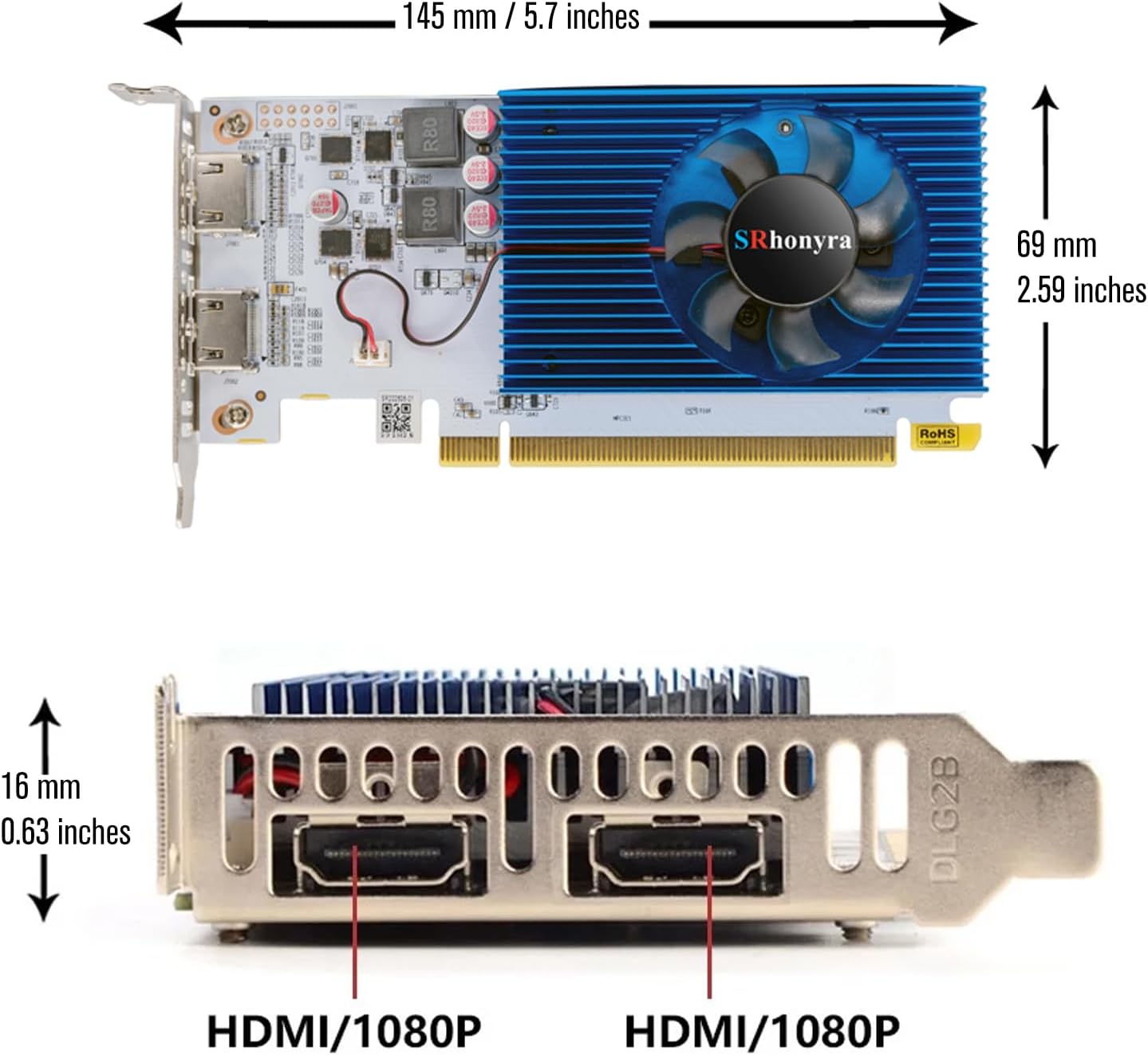 R5 230 Low Profile Graphics Card 2GB DDR3 Dual HDMI 1080P PCIe 2.0 x16 Bus Powered Support Splicing Mode 20 Watts SFF GPU