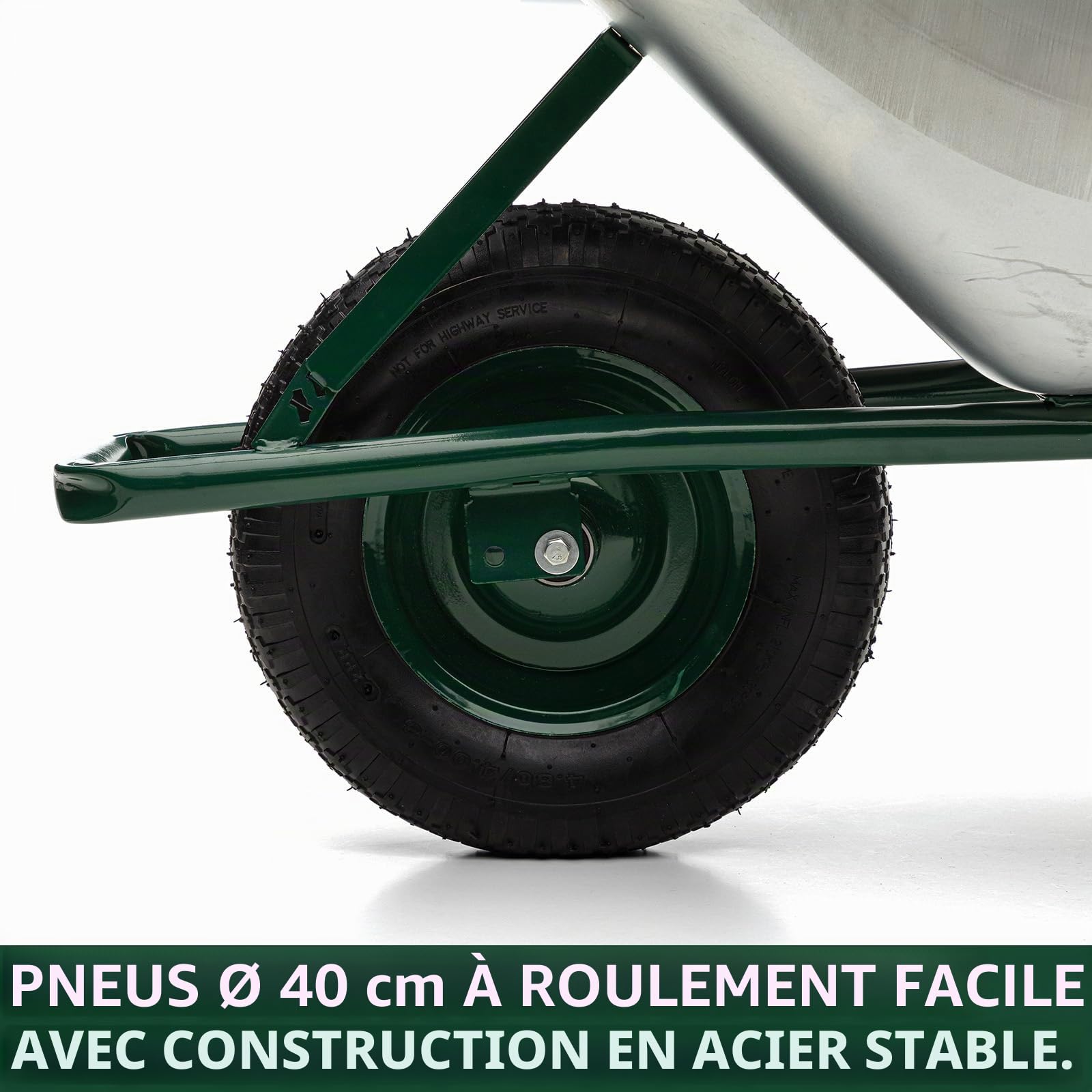 Brouette MIDORI de 100 litres avec capacité de charge de 210 kg, Pneus Pneumatiques, Cadre et Jante en Acier, Galvanisé, Tippable, Antidérapant, Résistant aux intempéries