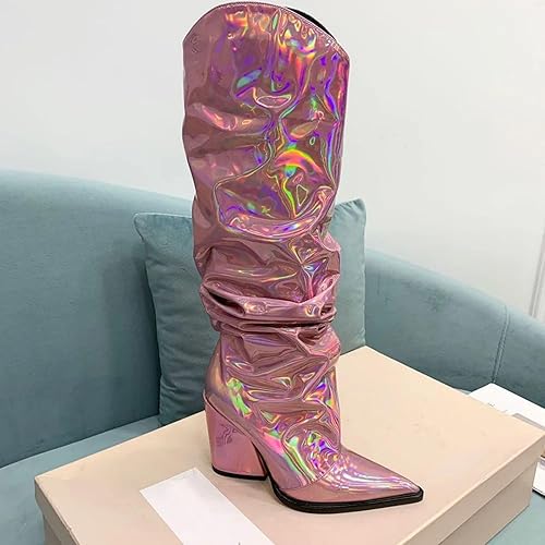 Miniatura 7 de Vertundy Women's Metallic Pointed Toe Knee High Boots Wedge High Heel Tall Boots Patent Leather Pleated Long Boots Wide Calf Chunky Thigh High
