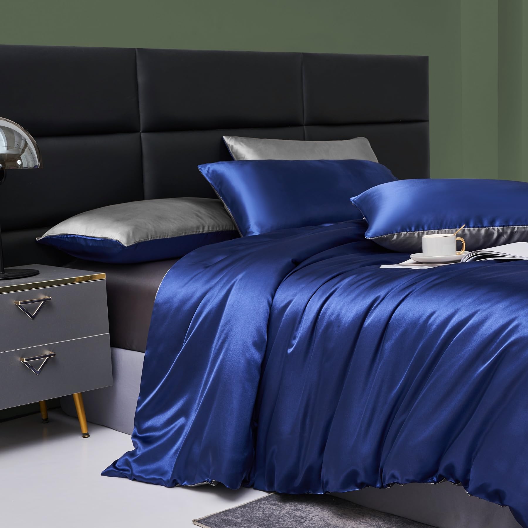 Parure de lit en satin 200x220 Bleu foncé gris Wendebettwäsche Deluxe soie satin lisse brillant doux satin 3 pièces avec fermeture éclair et 2 taies d'oreiller 80x80 cm