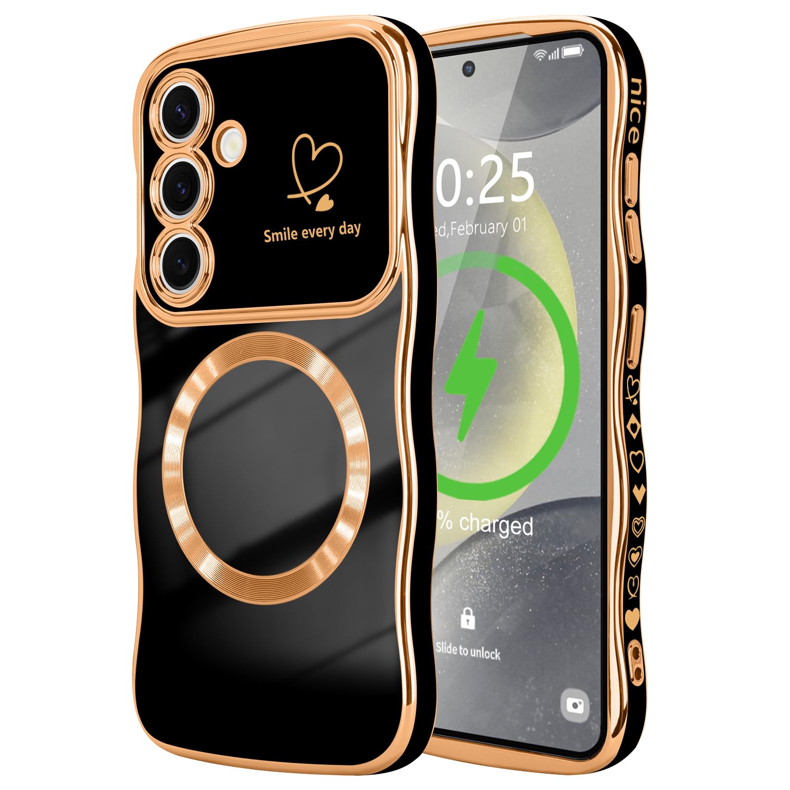 LCHULLE for Samsung Galaxy S24 Case for Women Girls [Compatible with MagSafe] Cute Curly Wave Shape, Magnetic Love Heart Pattern with Camera Lens