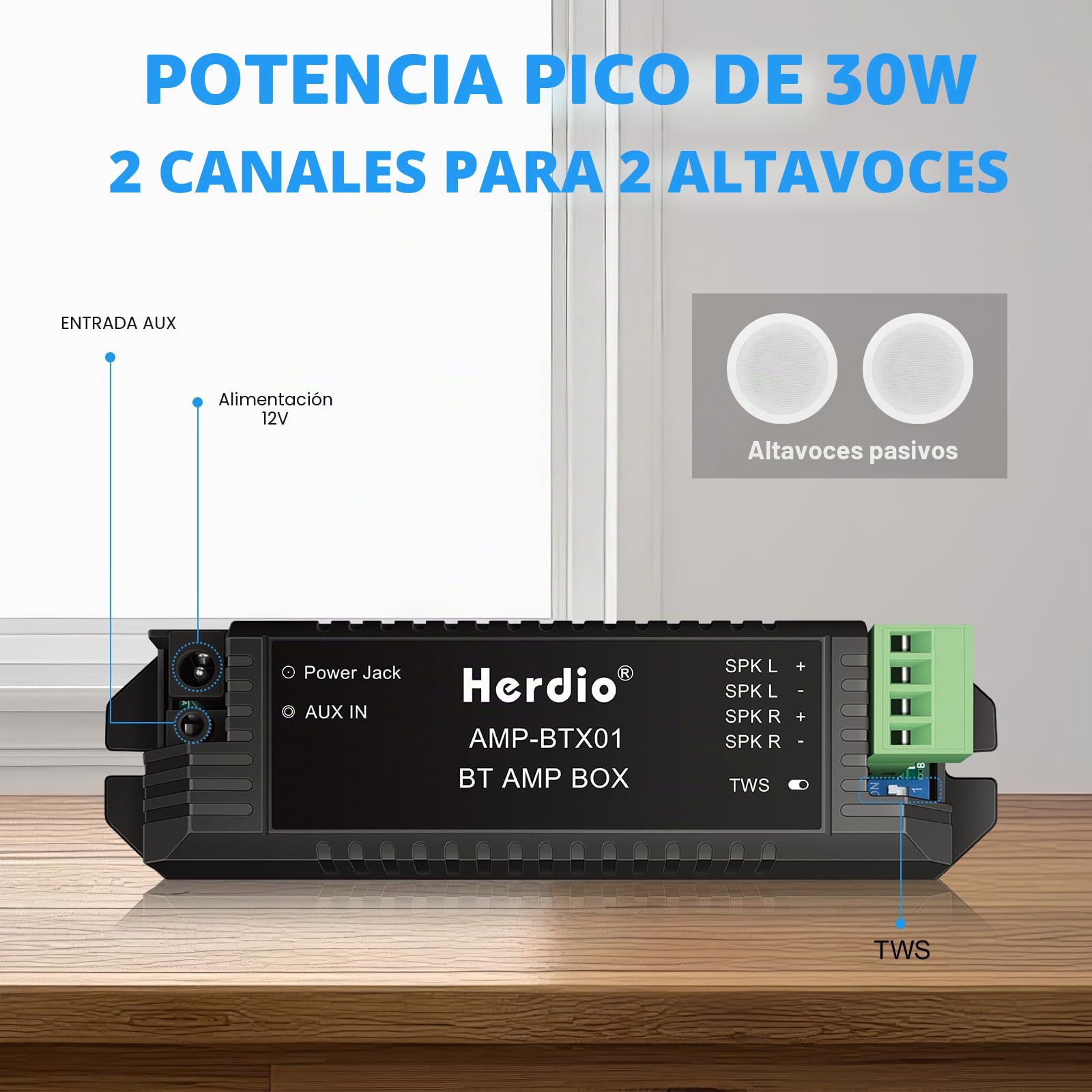 Herdio Bluetooth Home Audio Amplificador 2.0 Canales Sistema Receptor para Altavoces Pasivos con AUX TWS Adecuado para Techo Cine en Casa Marina Garaje Exterior Interior