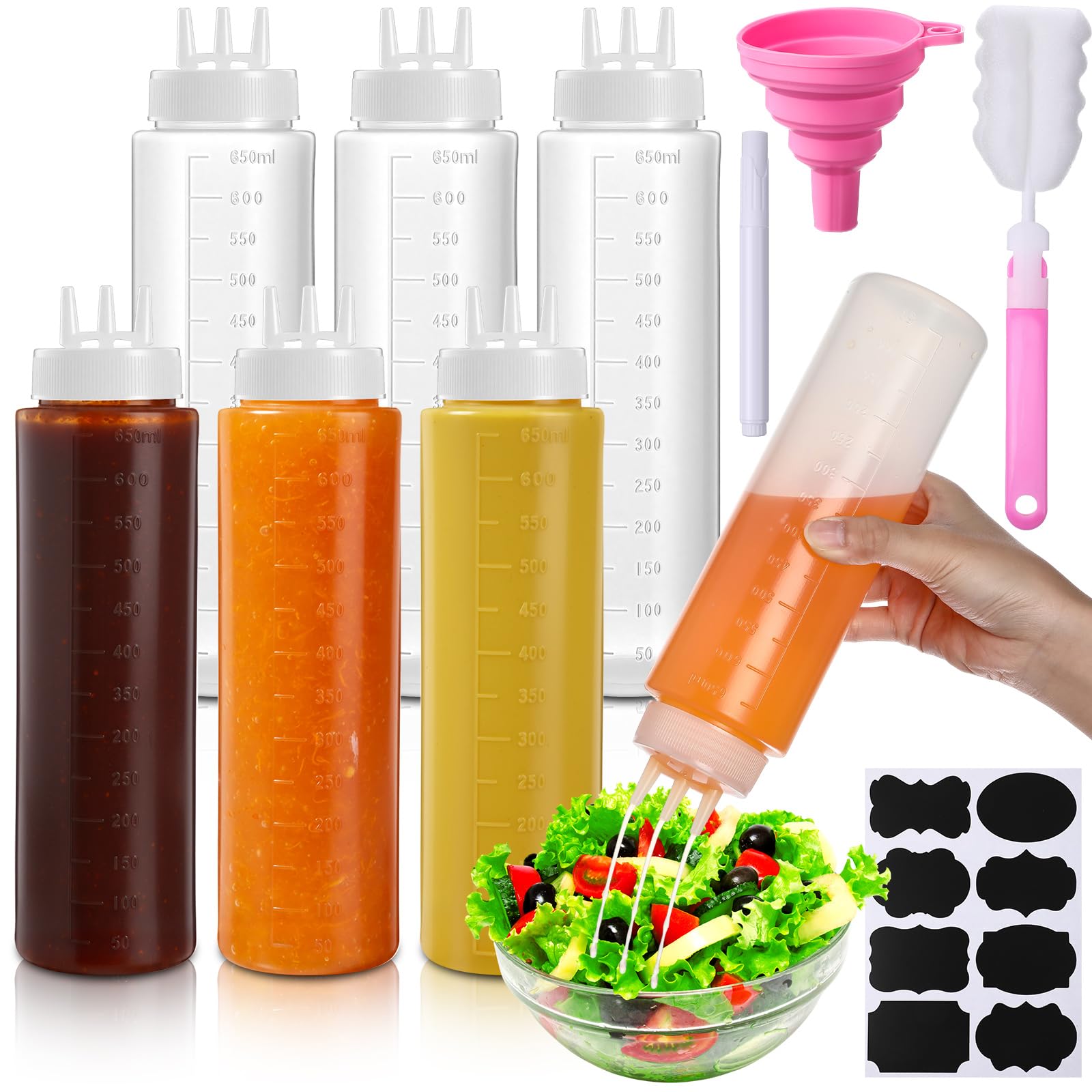 LemonRoad 6 Pcs 3 Hole Squeeze Bottles for Sauces Plastic Condiment Squeeze Bottles Tomato Sauce Ketchup Dispensers Salad Dressing Container Squirt for Oil BBQ Paint Pancake Craft(22 Oz/ 650 ml)