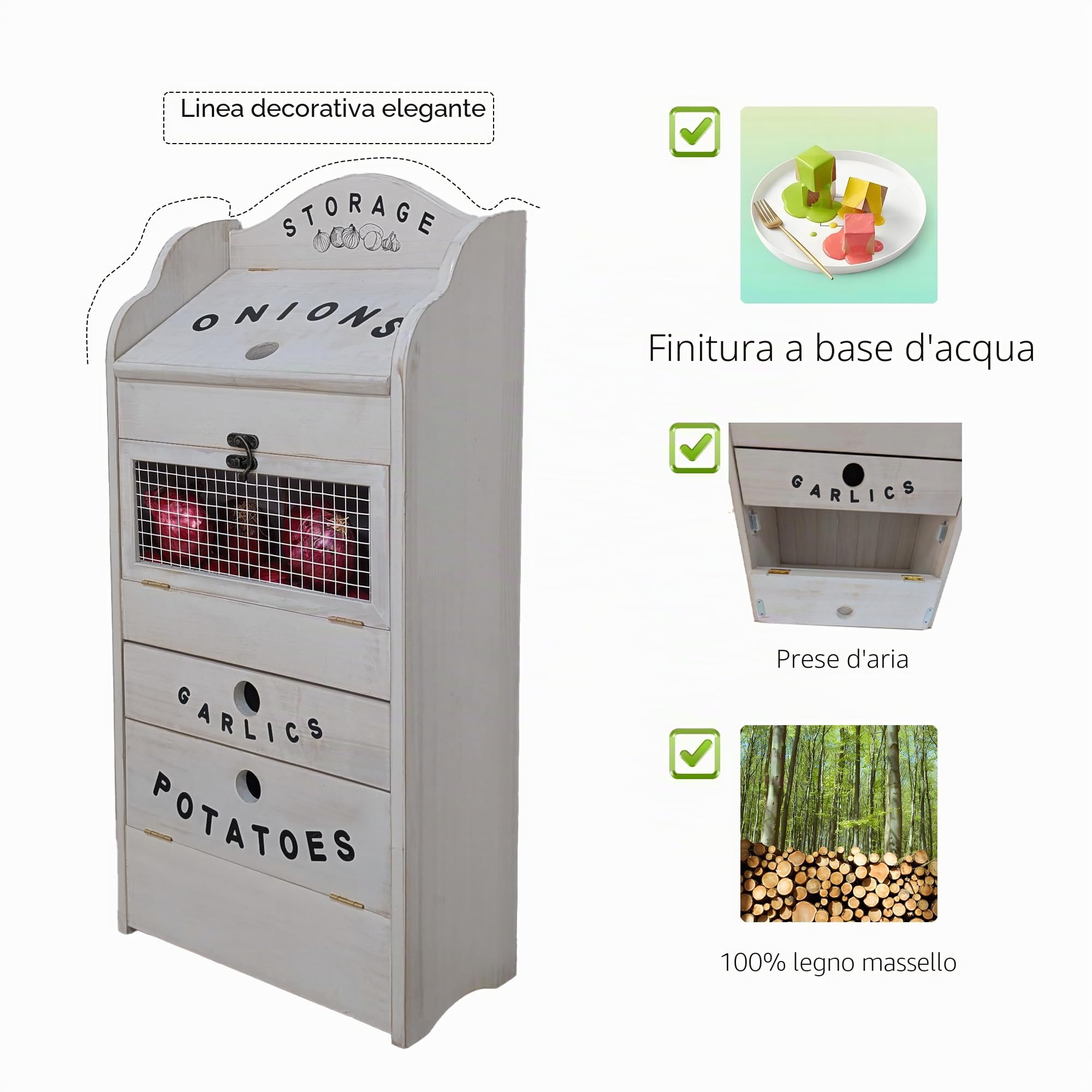 ARTAWEIN Contenitore per verdure in legno di pino per patate, cipolle e 1 cassetto per aglio e verdure, per la conservazione della cucina, contenitore per verdure in legno massiccio, 35 cm di