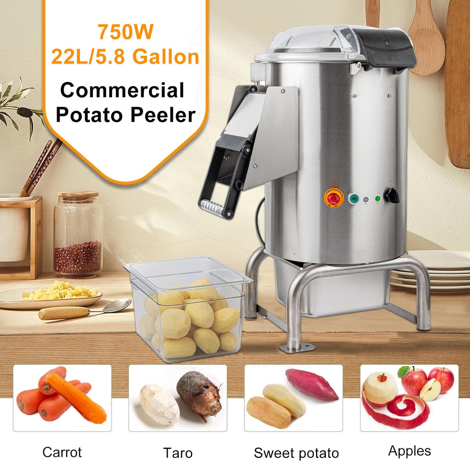 Peladora de Patatas Profesional de 750 W, 70-100 kg/h, con un Solo Toque/Capacidad de 5 kg, Elimina la Piel de Frutas y Verduras, Lavadora de Patatas eléctrica, 110 V