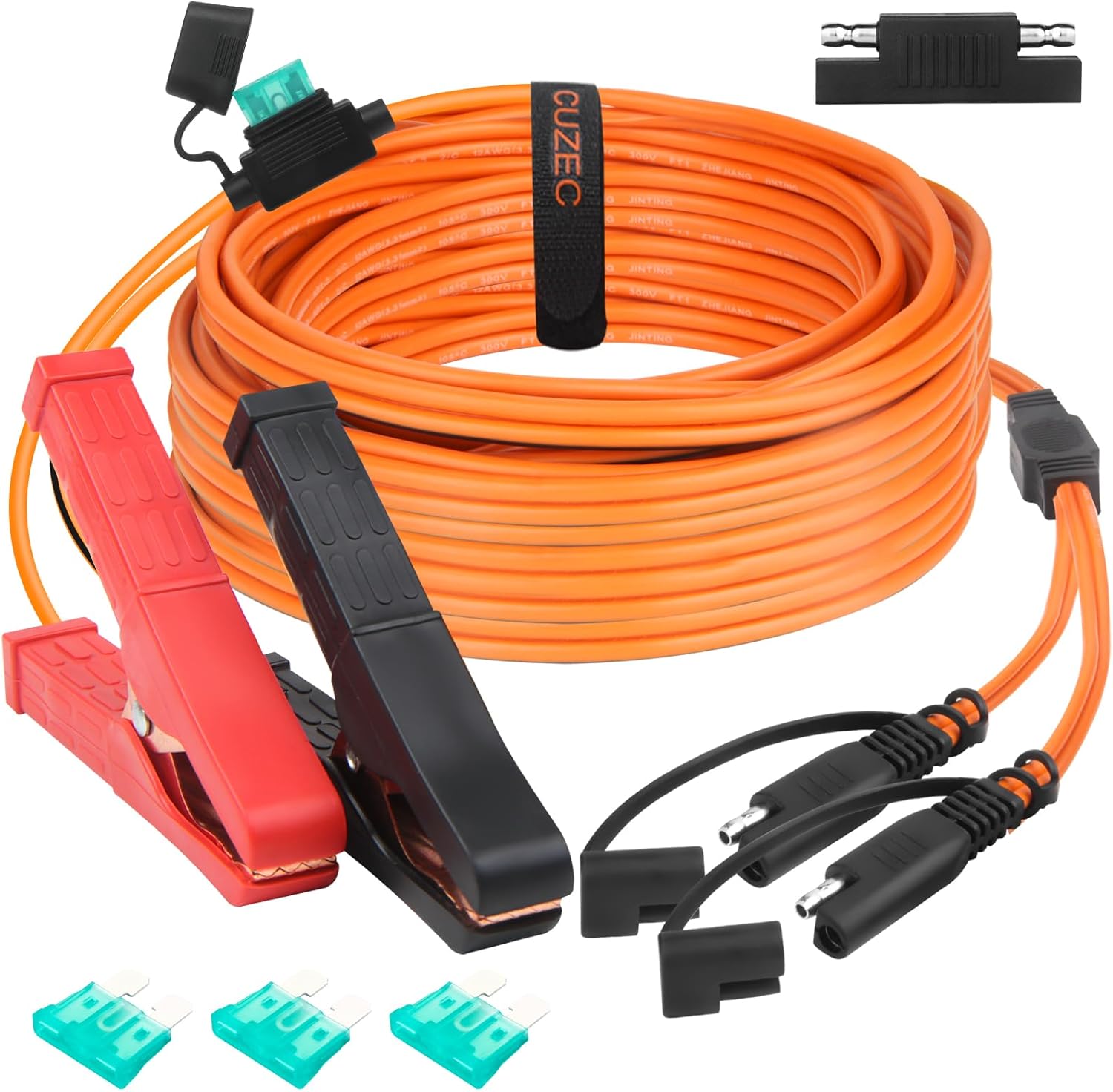 CUZEC Battery Alligator Clip to SAE Connector, 12AWG Cable, 30A Fuse with Polarity Reverse Adapter (17ft/518cm)