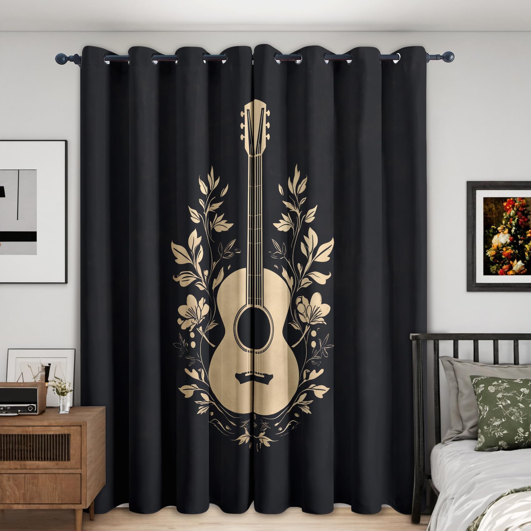 NIYAKA Guitar Curtain Blackout, Teen Music Curtains 52x62, Living Room & Bedroom Decor Drapes, Thermal Insulated Eyelet Musical Window Treatments 62 Drop, 2 Panels
