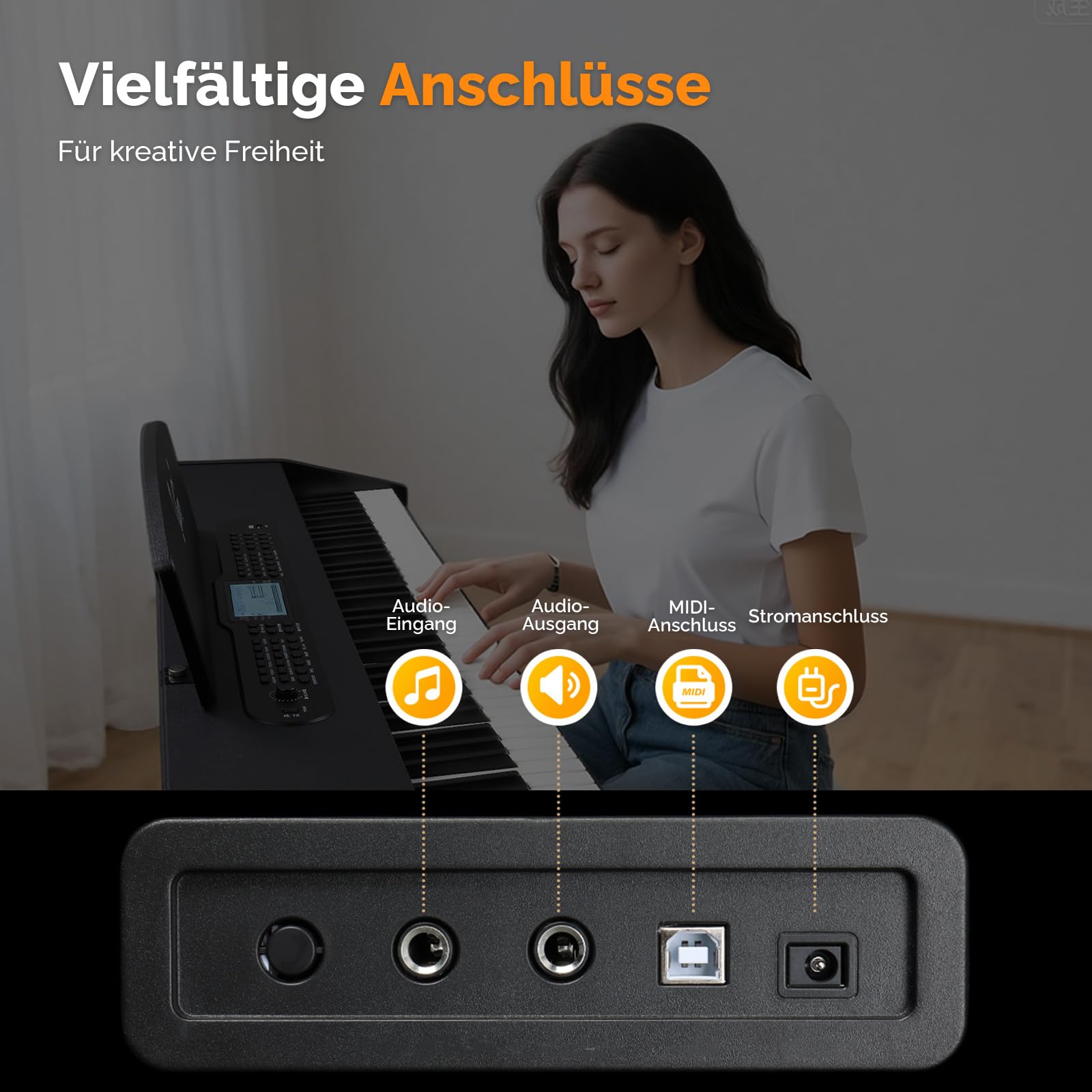 Bonnlo Digitalpiano mit 88 gewichteten Tasten, E-Piano Keyboard mit 3-Pedal-Einheit für Anfänger, MIDI-USB, Doppel-Bluetooth, LCD-Display, Stereolautsprechern, 800 Klänge und 200 Rhythmen, Schwarz
