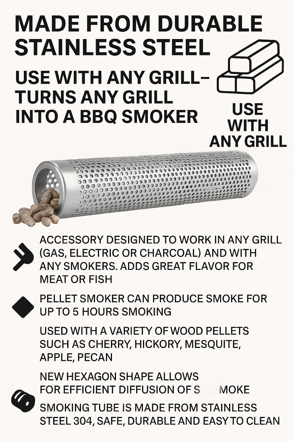 Dependable Industries Inc. Essentials Stainless Steel BBQ Grill Smoker Tube for Wood Pellet Pipe Smoking Meat Box 12