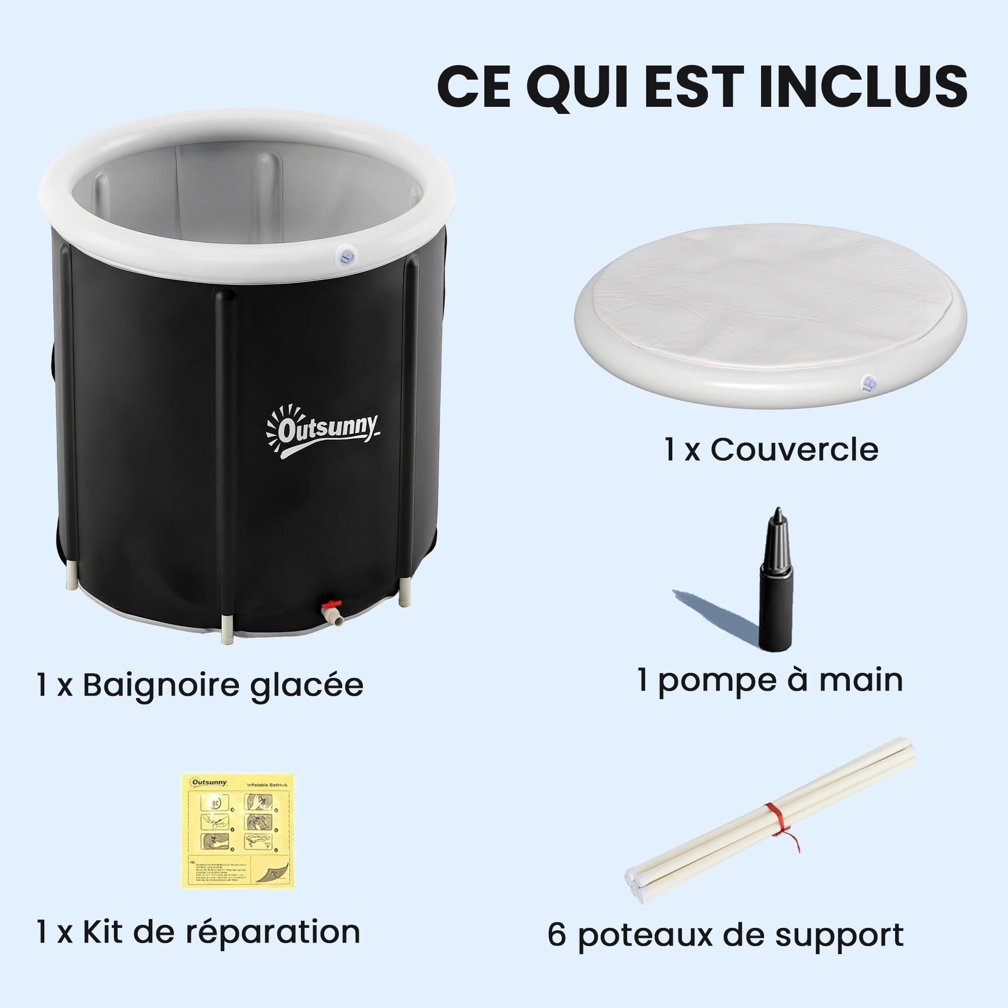 Outsunny Baignoire à Glace Pliable Gonflable pour Athlètes 280 L, Bain Froid Multicouche avec Couvercle et Pompe pour Entraînement à l'Eau Froide en Intérieur et Extérieur, 78x78x71 cm, Noir