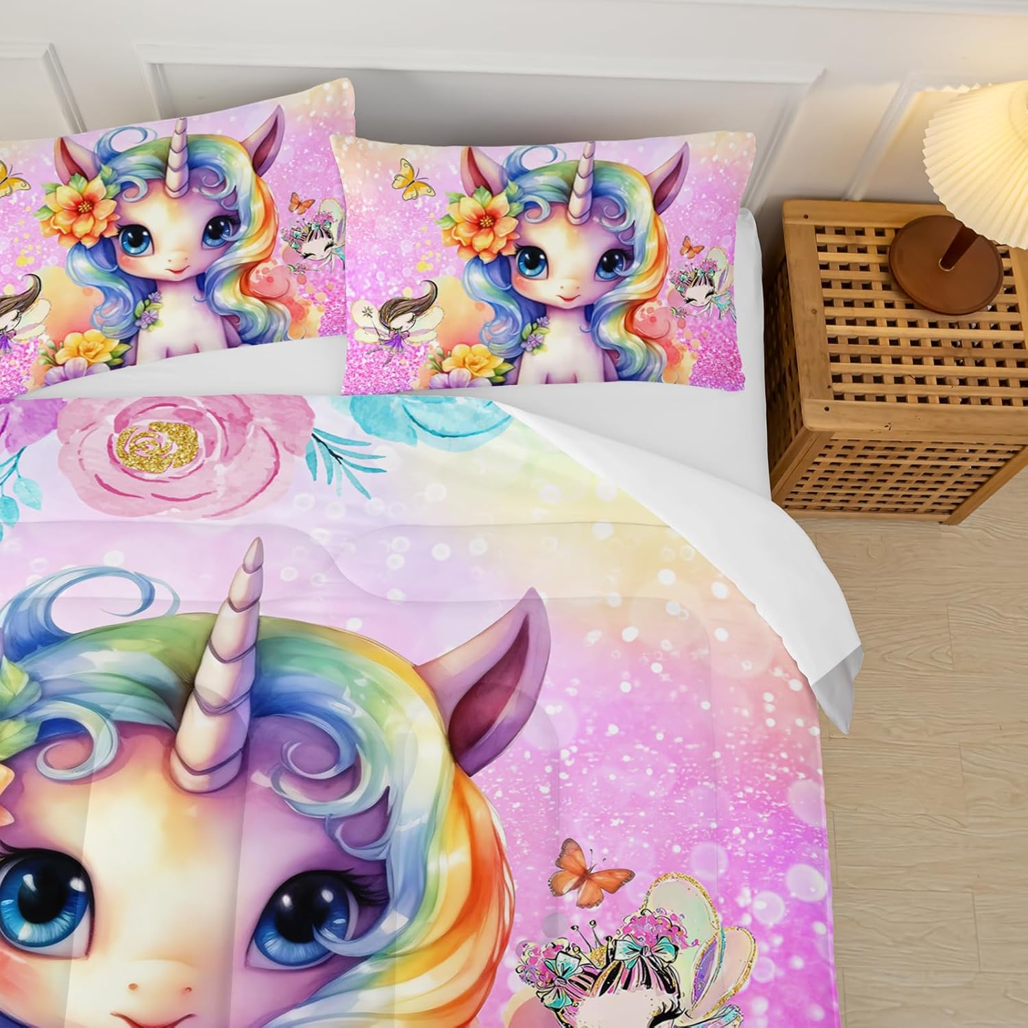 Cute Unicorn Comforter Set Queen for Girls Kids, Rainbow Unicorn Flower Print Galaxy Bedding Set,Soft Microfiber Cartoon Comforter Set with 2 Pillowcases,Toddler Bedding Set