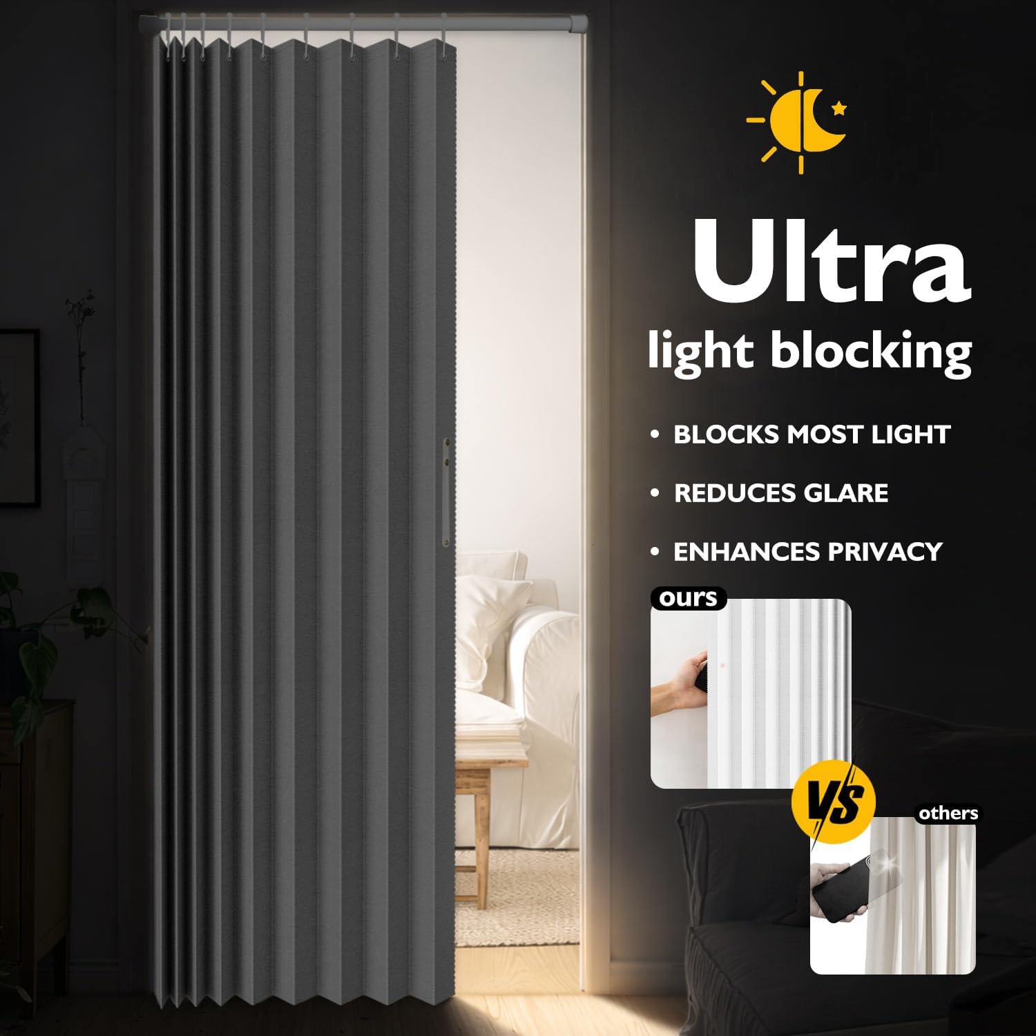 Jilron Accordian Door Curtain, 100% Blackout Folding Magnetic Doorway Curtains,Linen Style Closet Doors,for Room Divider,Privacy Protection（W52 x L78,White,1 Panel）