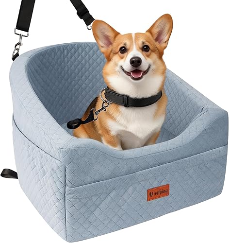 Vivifying Dog Car Seat for Small & Medium Dogs, Detachable & Washable Booster Seat for Pets Up to 30lbs, Travel Bed with Storage Pockets and Safety Belt – Gray