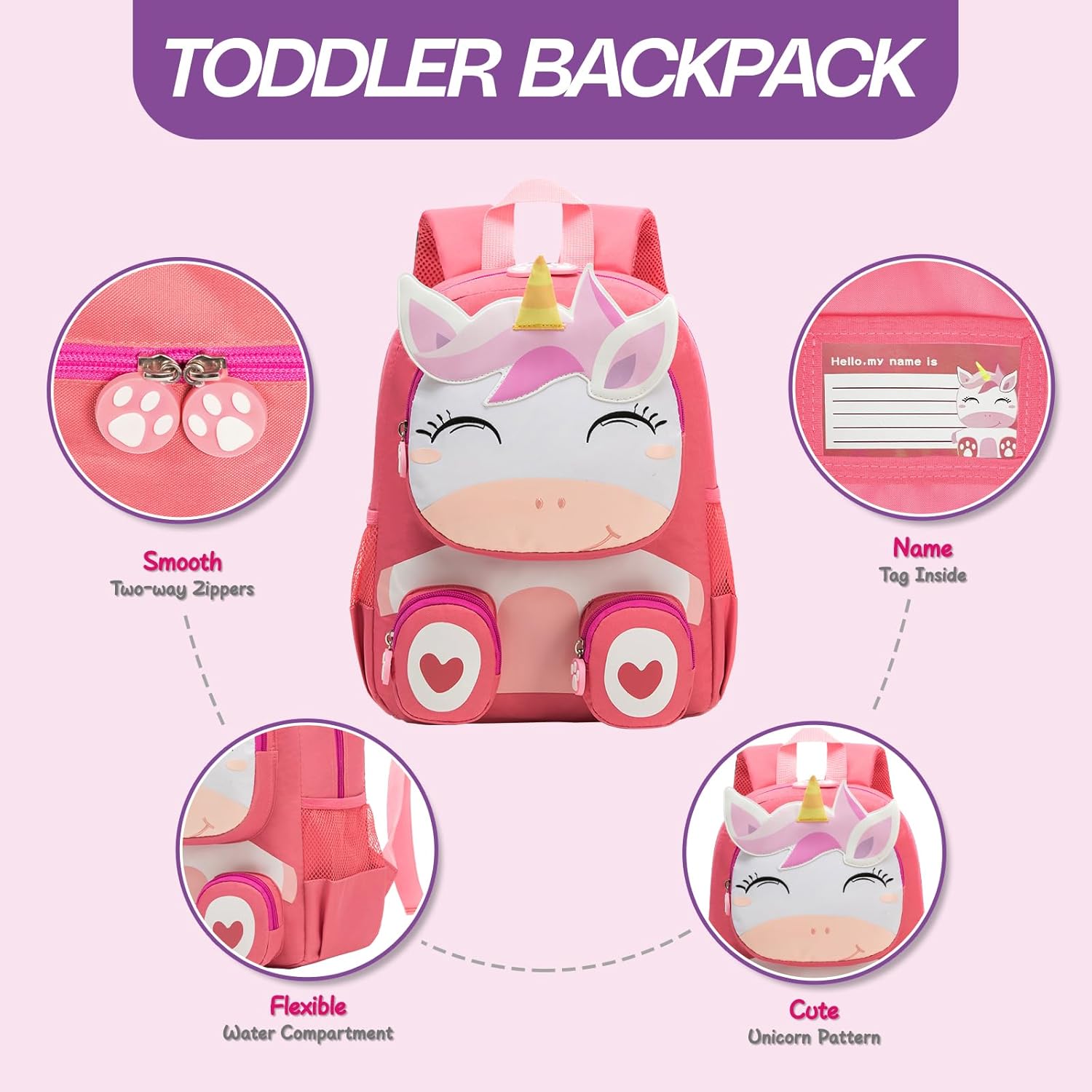Toddler Backpack for Girls kids,Unicorn pink Girls Bookbag,Waterproof Animal Preschool Schoolbag Age 2-5 - Image 2