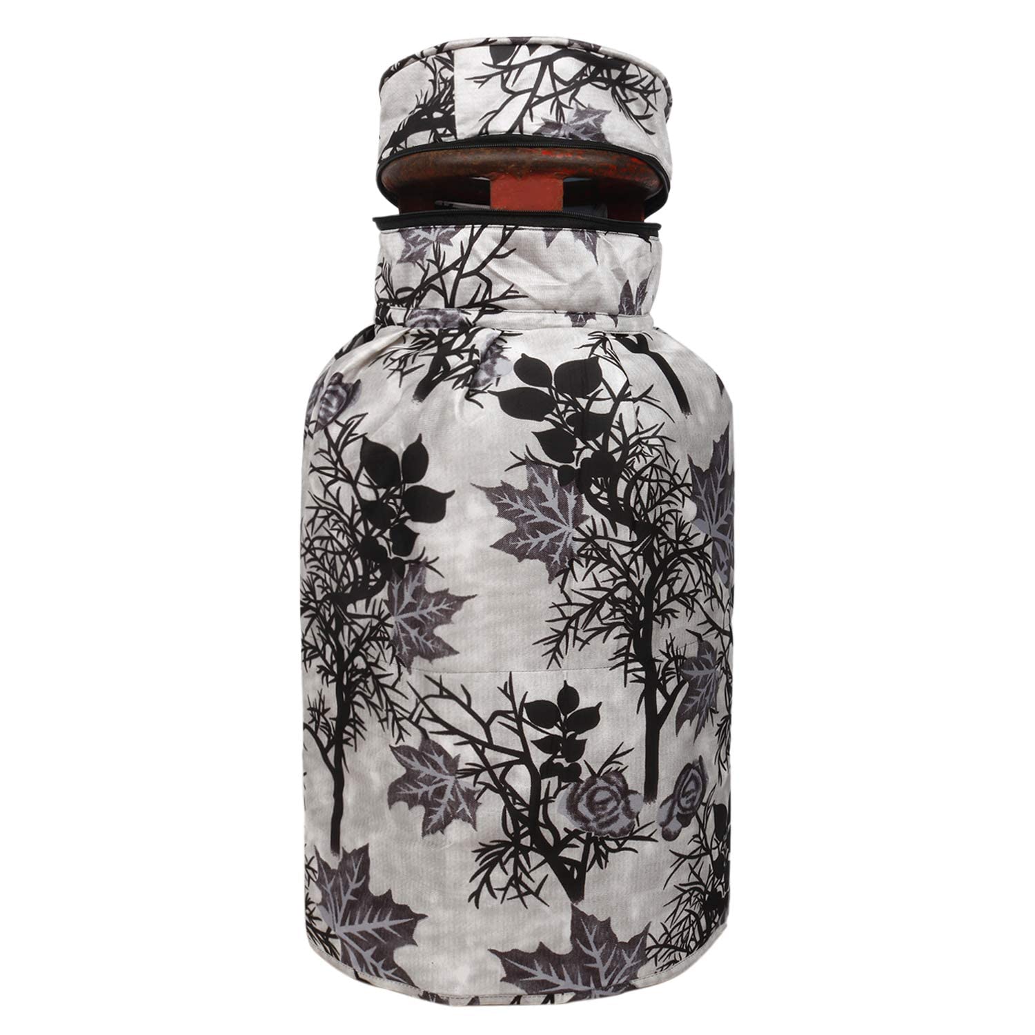 Goel Home DecorCotton Dust Proof/Washable LPG Gas Cylinder Cover (Black Big Leaf) (Grey, 1)