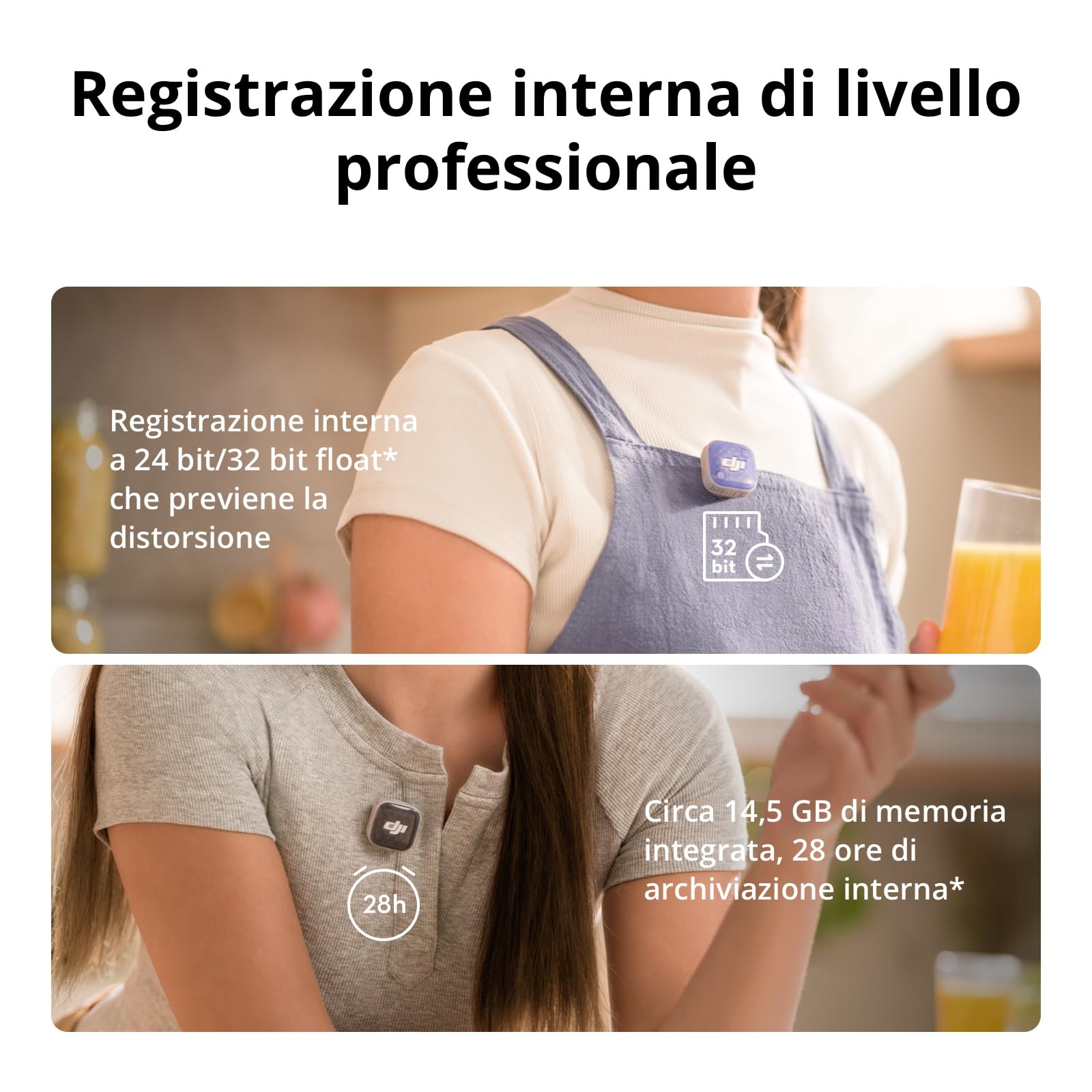 DJI Mic Mini 2S (2 TX + 1 RX + custodia di ricarica), riduzione rumore IA | Microfono Bluetooth, 28 ore di archiviazione interna, registrazione interna in float a 32 bit, leggero e compatto
