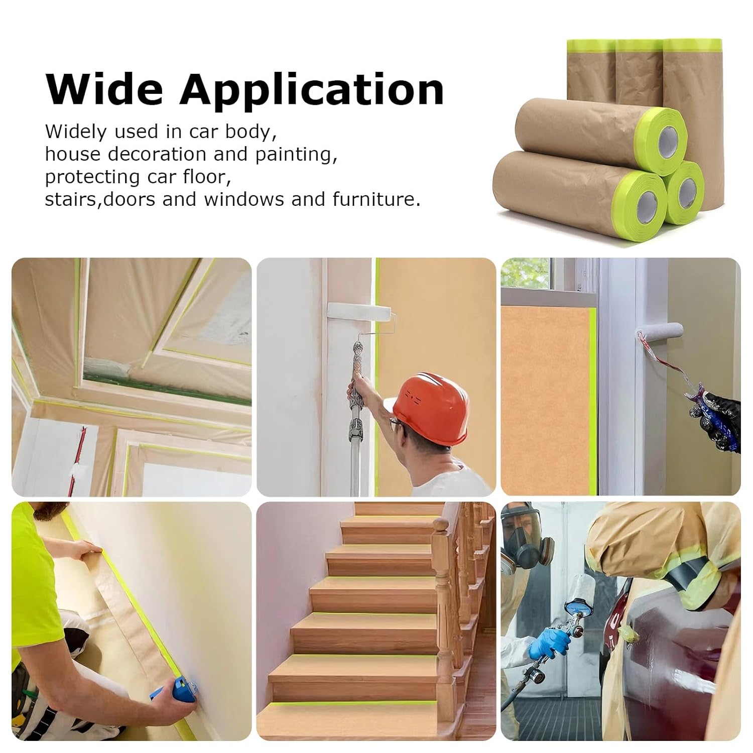 Pack of 6 Painters Masking Paper, 30 cm x 15 m Masking Paper Roll Self-Adhesive Strips Painter's Film with Adhesive Tape Painter Paper Accessories for Painting Window Masking Masking Masking Tape