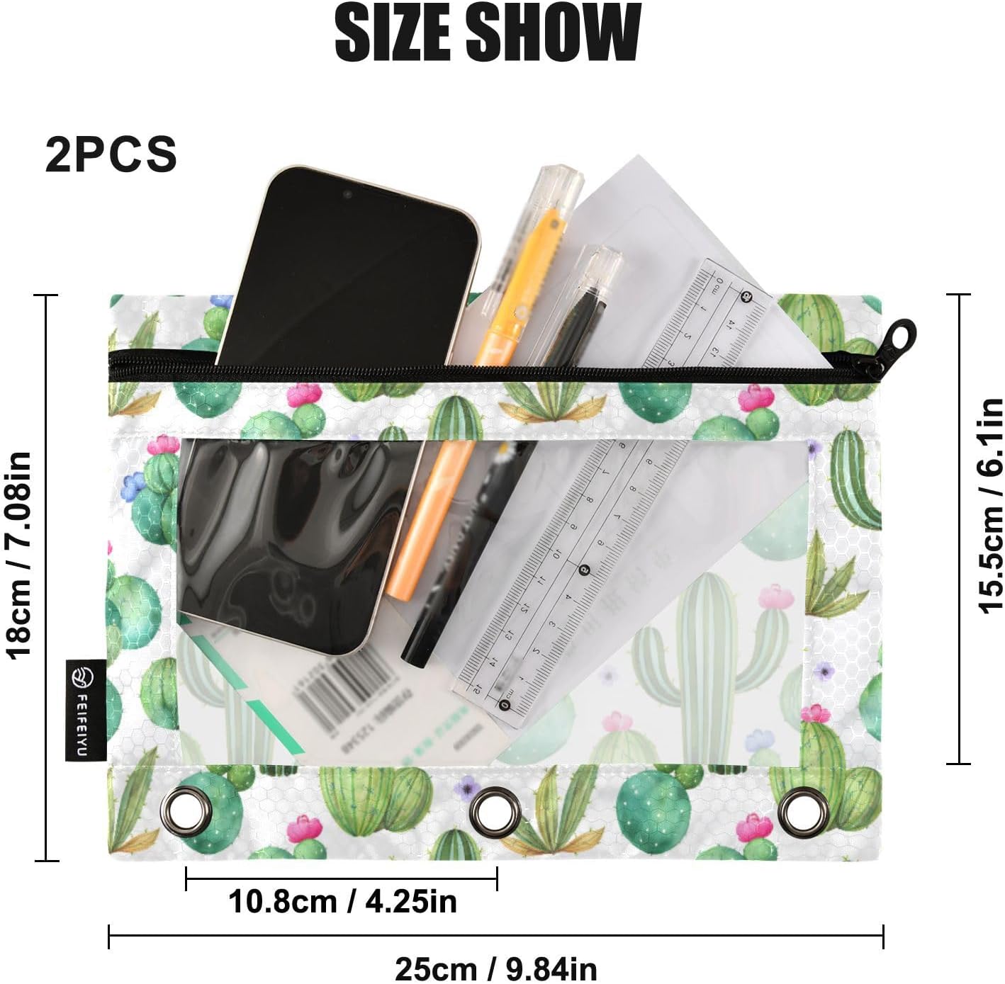 ALAZA Pencil Pouch for 3 Ring Binder, Watercolor Cactus Cacti Binder Pencil Pouches with Clear Window Zipper Pencil Case Cosmetic Bags for Office College Supplies, 2PCS image 3