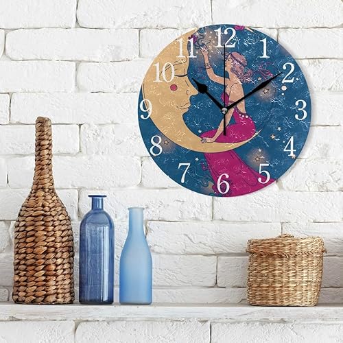 Miniatura 3 de senya Reloj de pared hermoso póster en estilo Art Nouveau con fiesta mujer y luna cielo estrellado silencioso sin tictac operado redondo fácil de