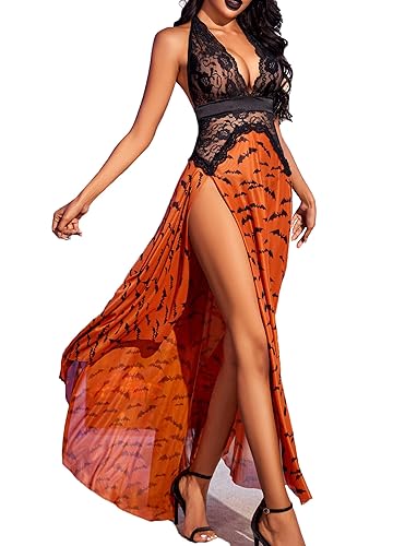 Avidlove Women Lingerie Deep V Neck Nightwear One Piece Sexy Nightgowns Mosaic Lace Mesh Dress - Medium - Z Bat Print