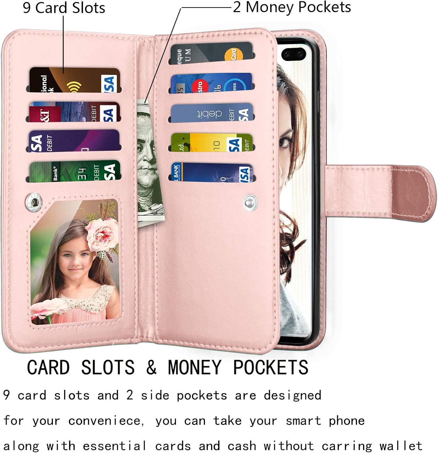 NJJEX Wallet Case for Galaxy S10 Plus, for Galaxy S10+ Case, PU Leather [9 Card Slots] Credit Holder Flip [Detachable][Kickstand] Magnetic Phone Cover & Wrist Strap for Samsung S10 Plus [Rose Gold]