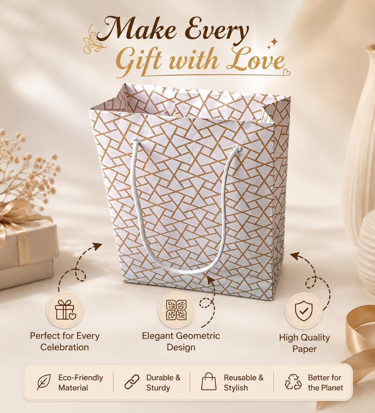 Elegant Paper Gift Bags with Rope Handles, Premium Geometric Print Return Gift Bags for Birthday Party Favors, Wedding Gifts, Baby Shower, Festivals, Chocolates & Small Gifts (Pack of 4)) 3