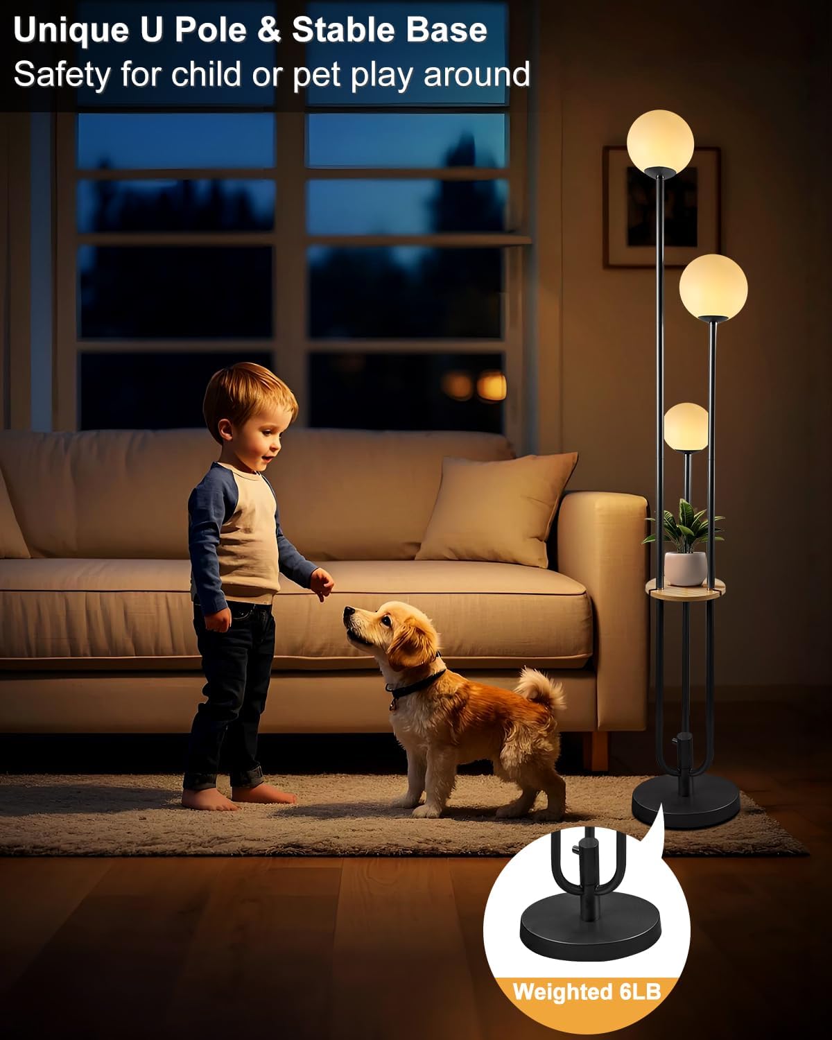 Lightdot Full Dimmable Floor Lamp for Living Room 3-Globe Standing Lamp with Table Candle Holder Style Black Tall Lamps for Bedroom/Sofa Beside/Corner Decor with 3000K Soft Warmwhite Bulbs Included