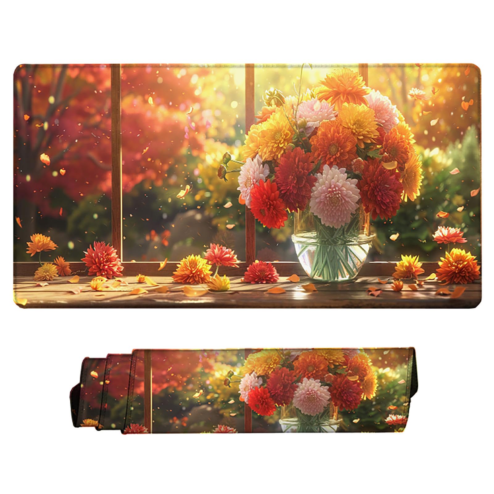 Żółta podkładka pod mysz XXL, podkładka na biurko, 1200 x 600 cm, szyte krawędzie, podkładka pod mysz, gumowa podstawa, kwiat, podkładka pod mysz, stabilna przyczepność na gładkich