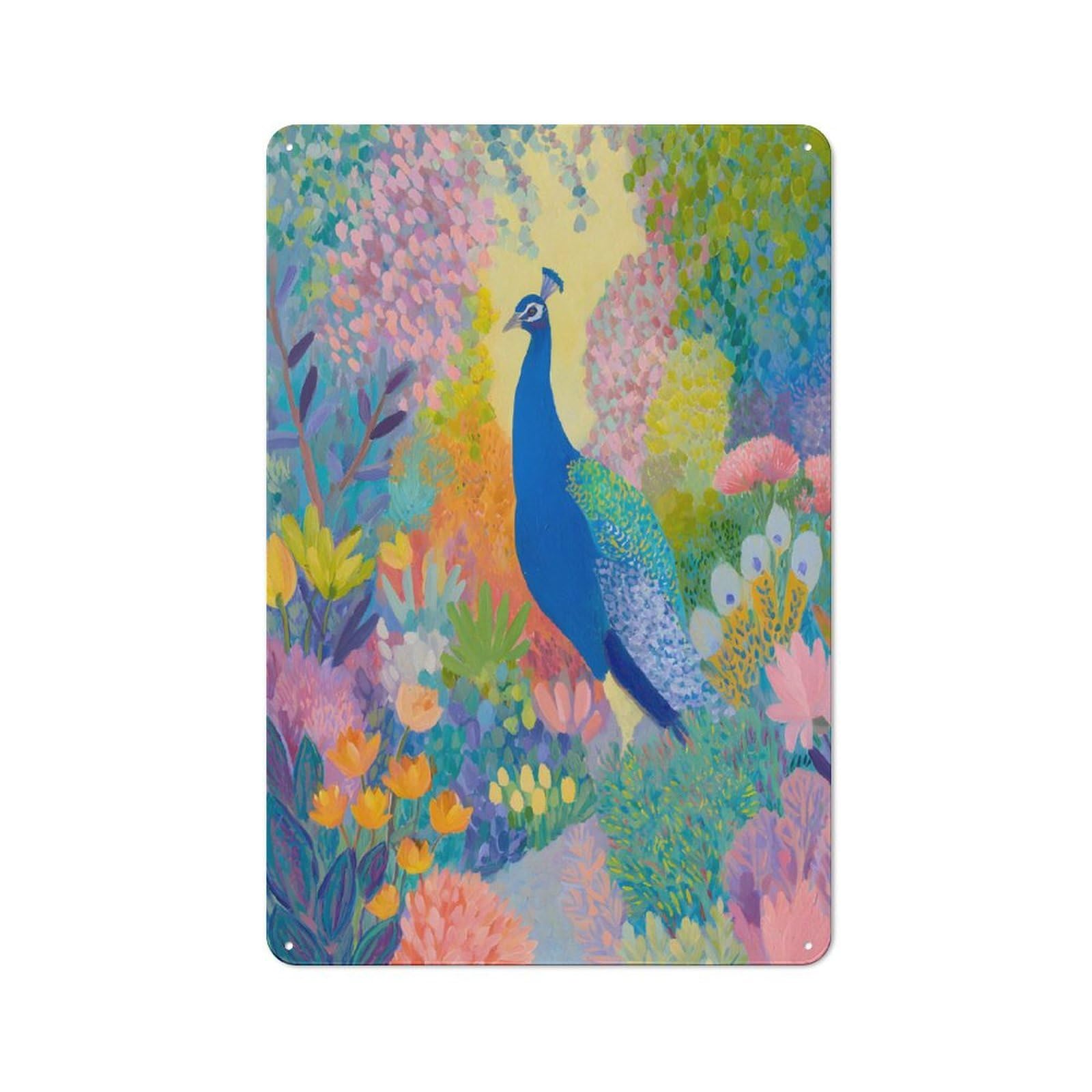 Junmoney Style-12 Peacock In A Colorful Garden Painting Printed Metal Sign 30X20cm For Hobby Room Or Studio, Gift Idea At Christmas For Creative Interior Collectors