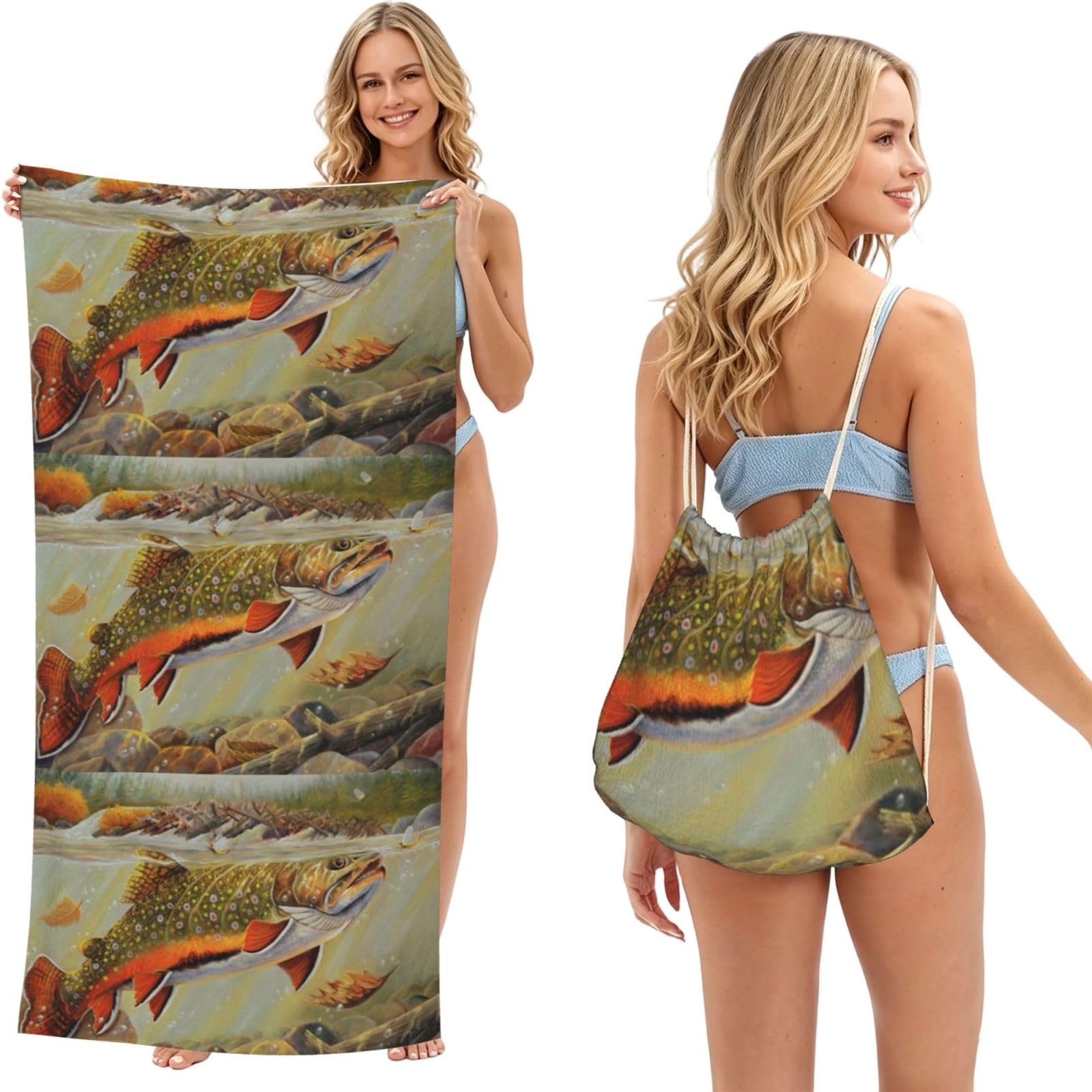 Poadnly As Picture Trout Fly Fishing, 2 In 1 Packable Towel Bag, Beach Towels With Drawstring Backpack For Travel Holiday Camping