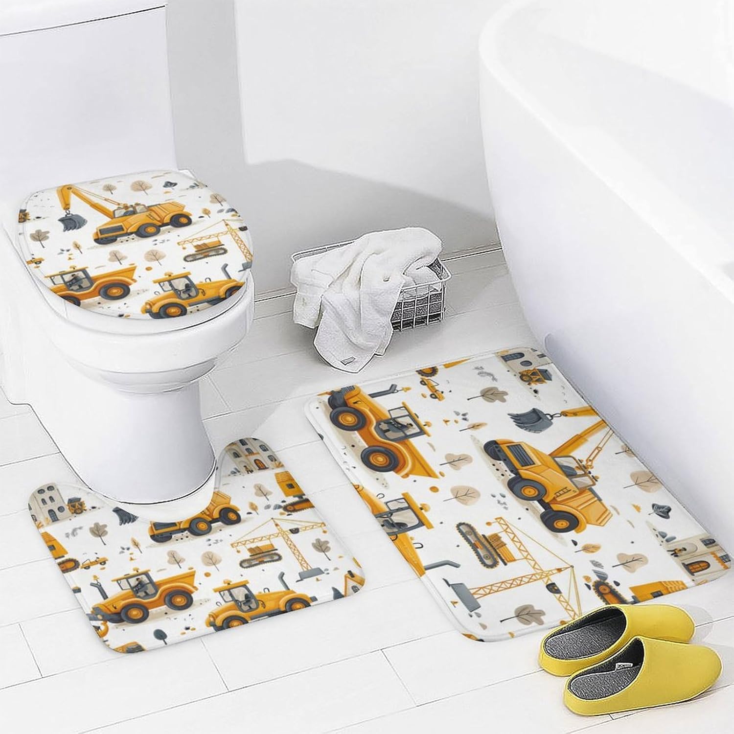 4Pcs Cartoon Excavator Vehicle Shower Curtain, Construction Truck Crane Shower Curtain Sets with Toilet Lid Cover, U-Shaped Mat and Non-Slip Rugs, Bathroom Decor Set, 72" x 72"