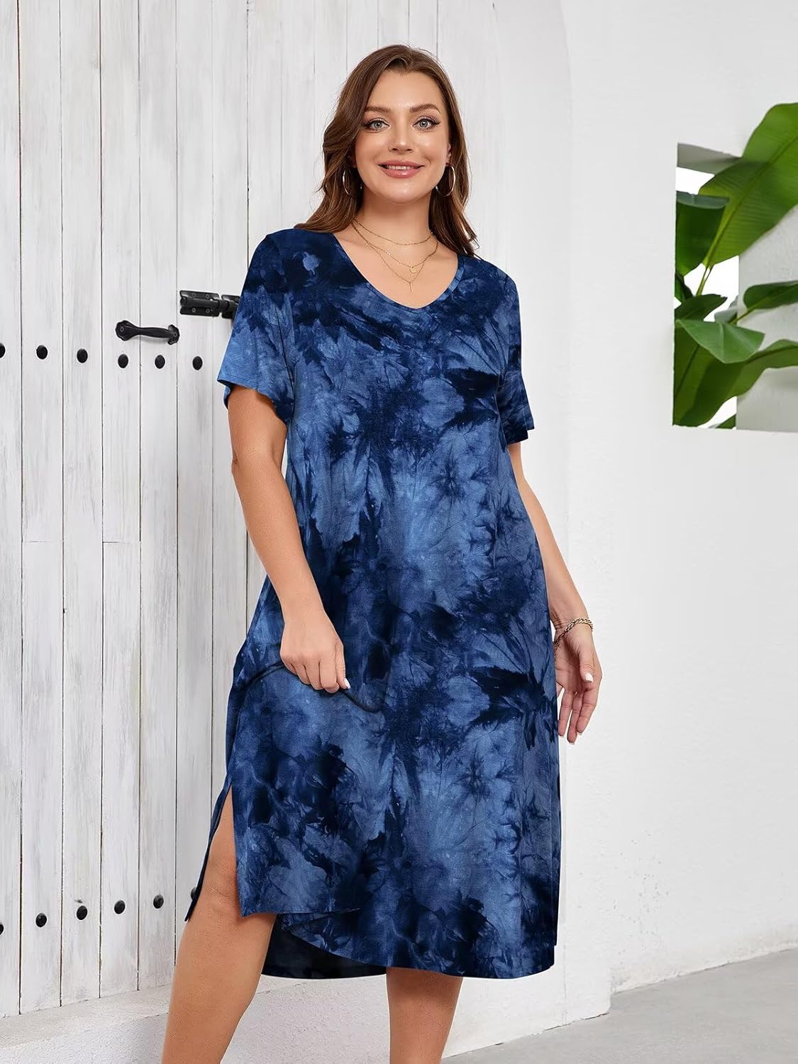 BELAROI Women Plus Size Dresses Summer Casual Midi Tshirt Dress V Neck Short Sleeve Long Maxi Side Split Pockets - Image 2