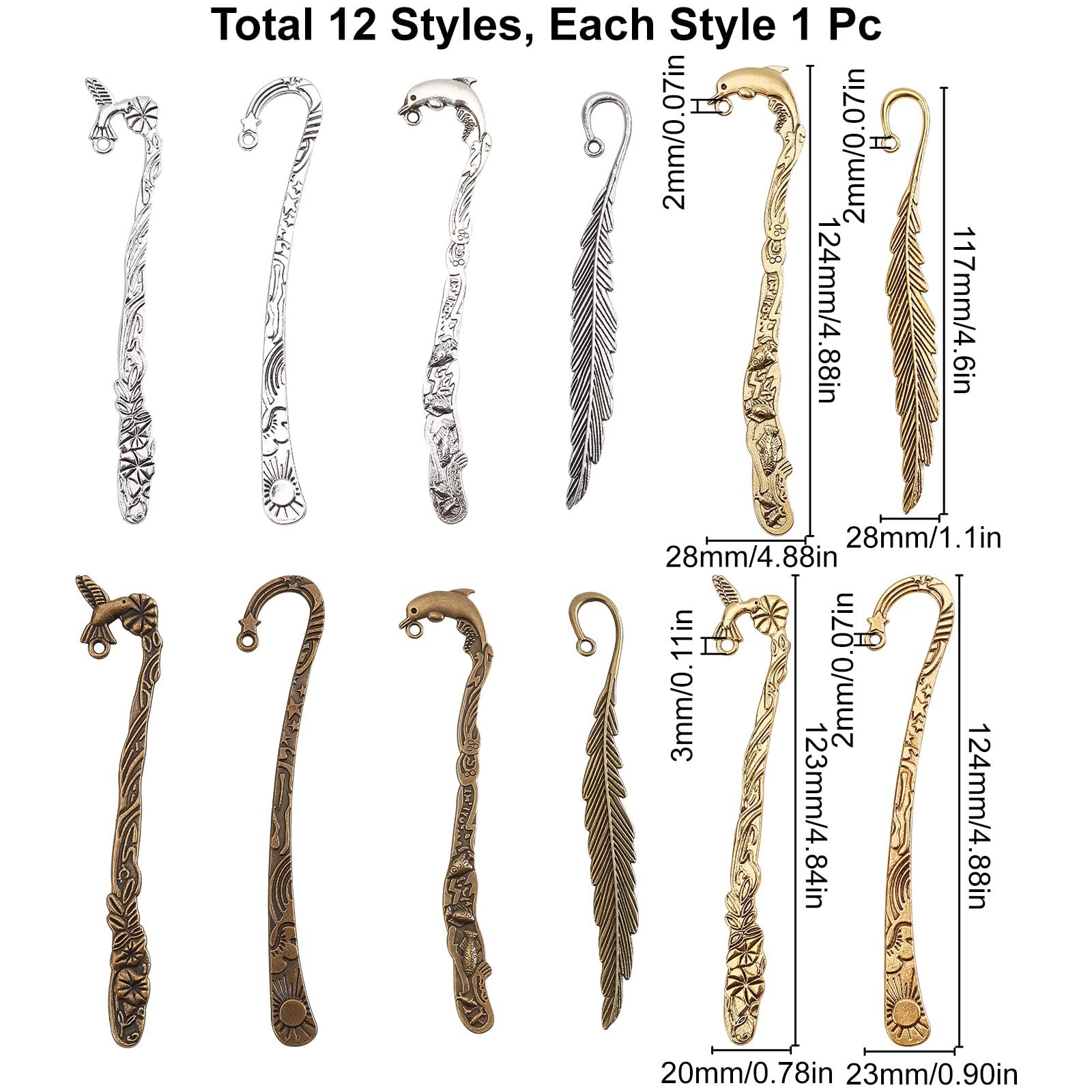 SUNNYCLUE 12 Haarclip-bladwijzers – 12 Stijlen Metalen Bladwijzers Voor Boeken, Knutselen En Sieraden Maken, Zilver