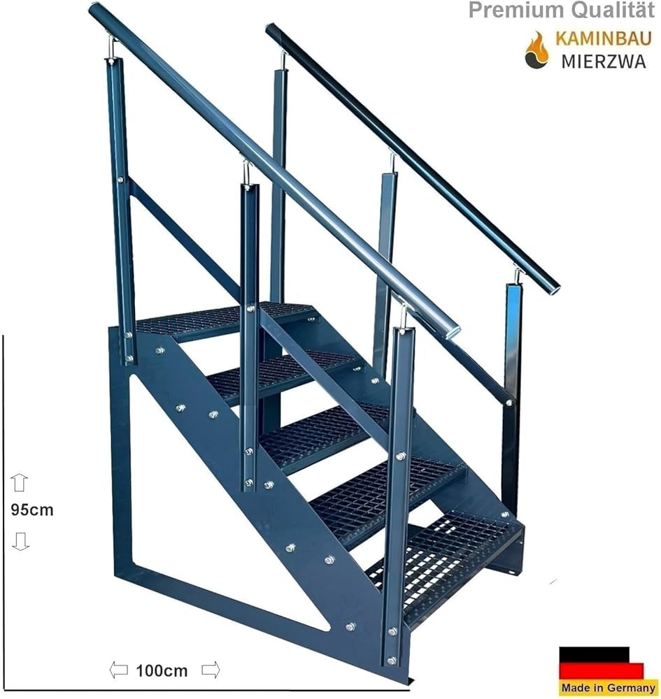 Premium Caillebotis Acier Escalier à Limon 5 Marches Entièrement Galvanisé Et Anthracite Limons Revêtus De Poudre - Dimensions (L X L X H) 101cm X 60cm X 95cm