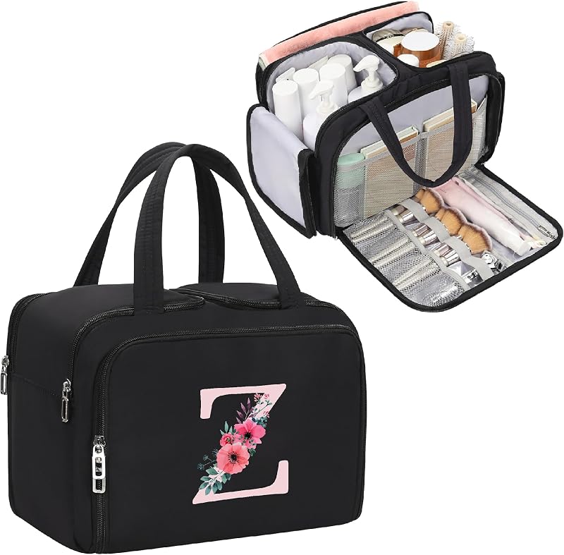 Necessaire de maquiagem WGEAR com inicial Z, 3 compartimentos e alça dupla, preta, 20,07 cm x 16,51 cm x 22,86 cm