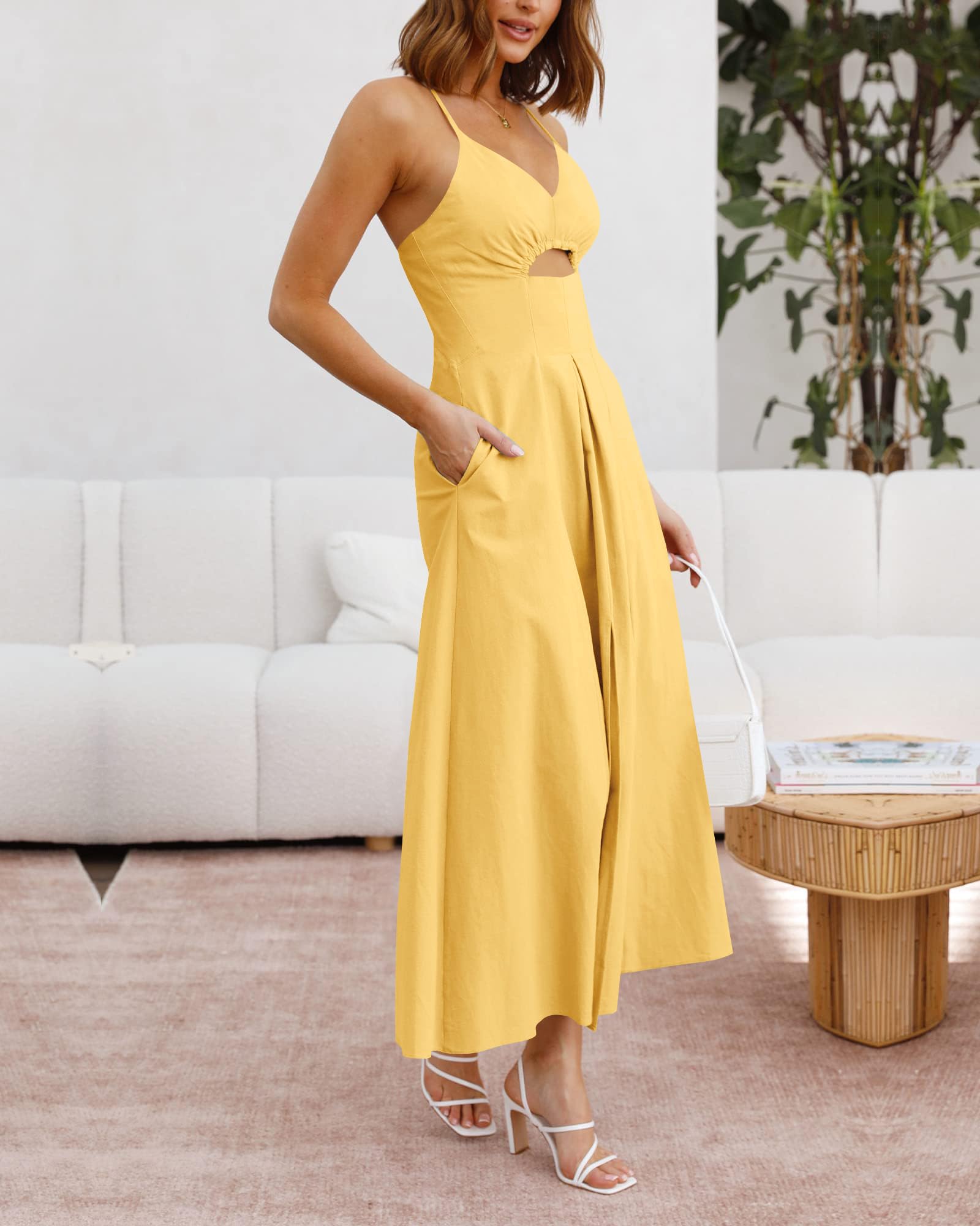 BTFBM Women 2026 Spaghetti Strap Midi Summer Dresses Sleeveless V Neck Cutout Slit Casual Beach Party Maxi Dress Pockets