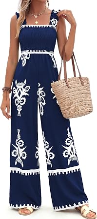 PRETTYGARDEN Womens Jumpsuit Casual One Piece Boho Summer Outfits Shirred Strap Wide Leg Long Pants Rompers With Pockets