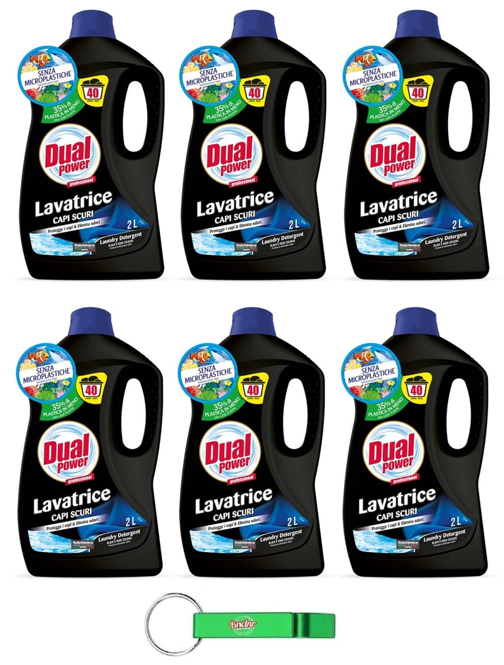 6 X Dual Power Detersivo Lavatrice Capi Scuri - Detersivo liquido per indumenti scuri - 40 lavaggi 2 litri + Beni Culinari Portachiavi gratuito