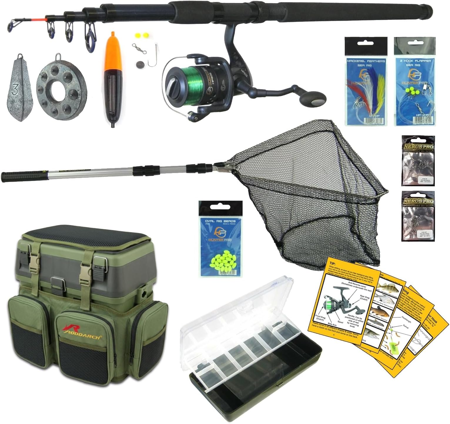 Roddarch Complete Sea Fishing Kit: 10 ft Telescopic Surf Ace Rod and Hunter Pro HP60S Reel with Rucksack Seat Box and Terminal Tackle