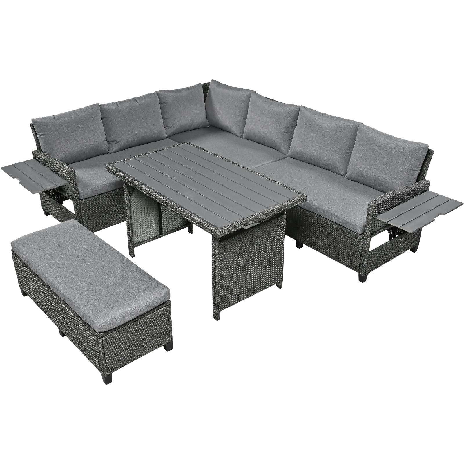 Outdoor Conversation Set Patio Furniture Set 5 Piece Rattan Gray with Extendable Side Tables, Dining Table and Washable Covers Simple Assembly
